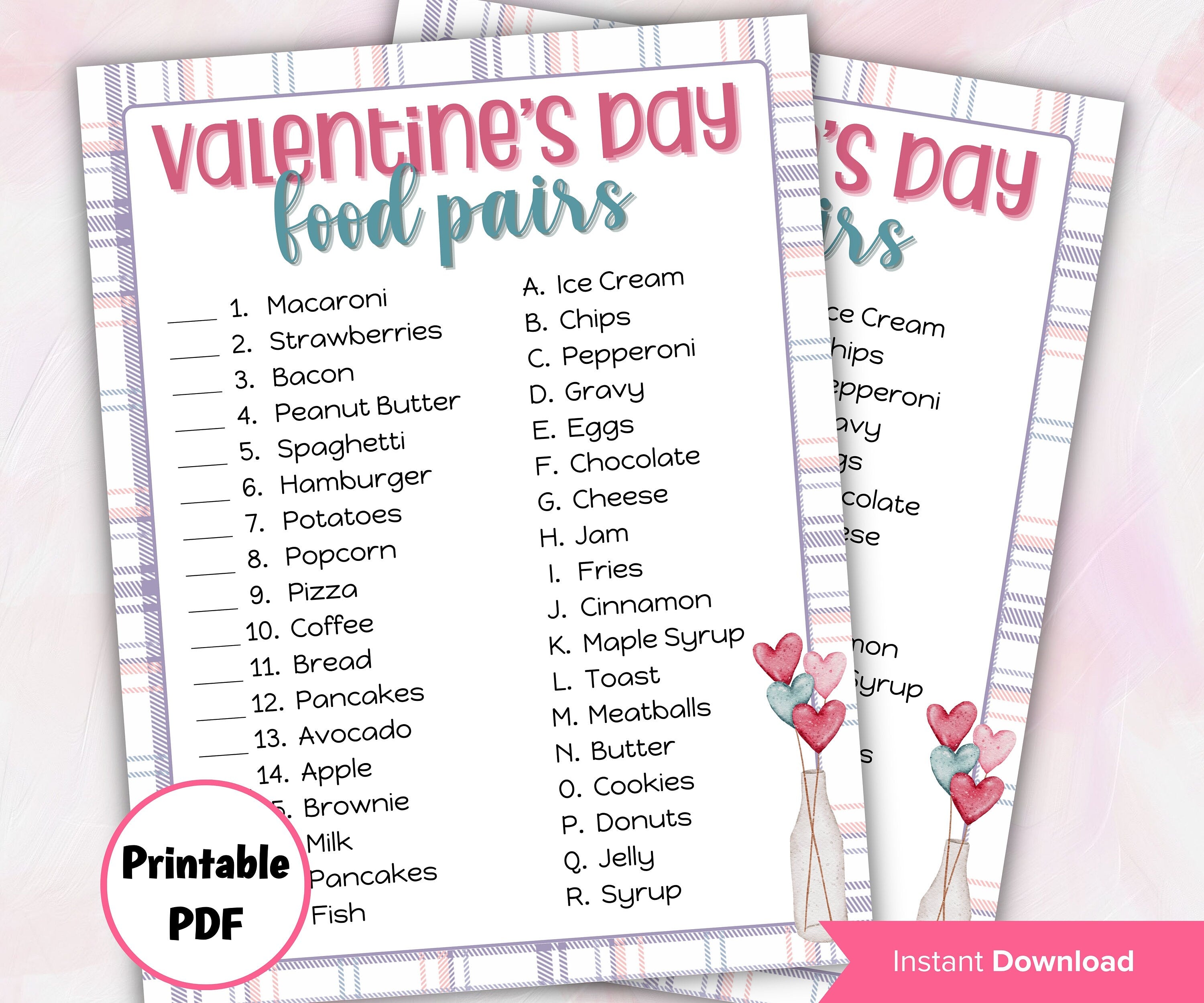 Valentines Day Activity For Kids And Adults | Valentines Party Game | Valentine'S Day Food Pairs Game | Valentines Day Game I Printable Game