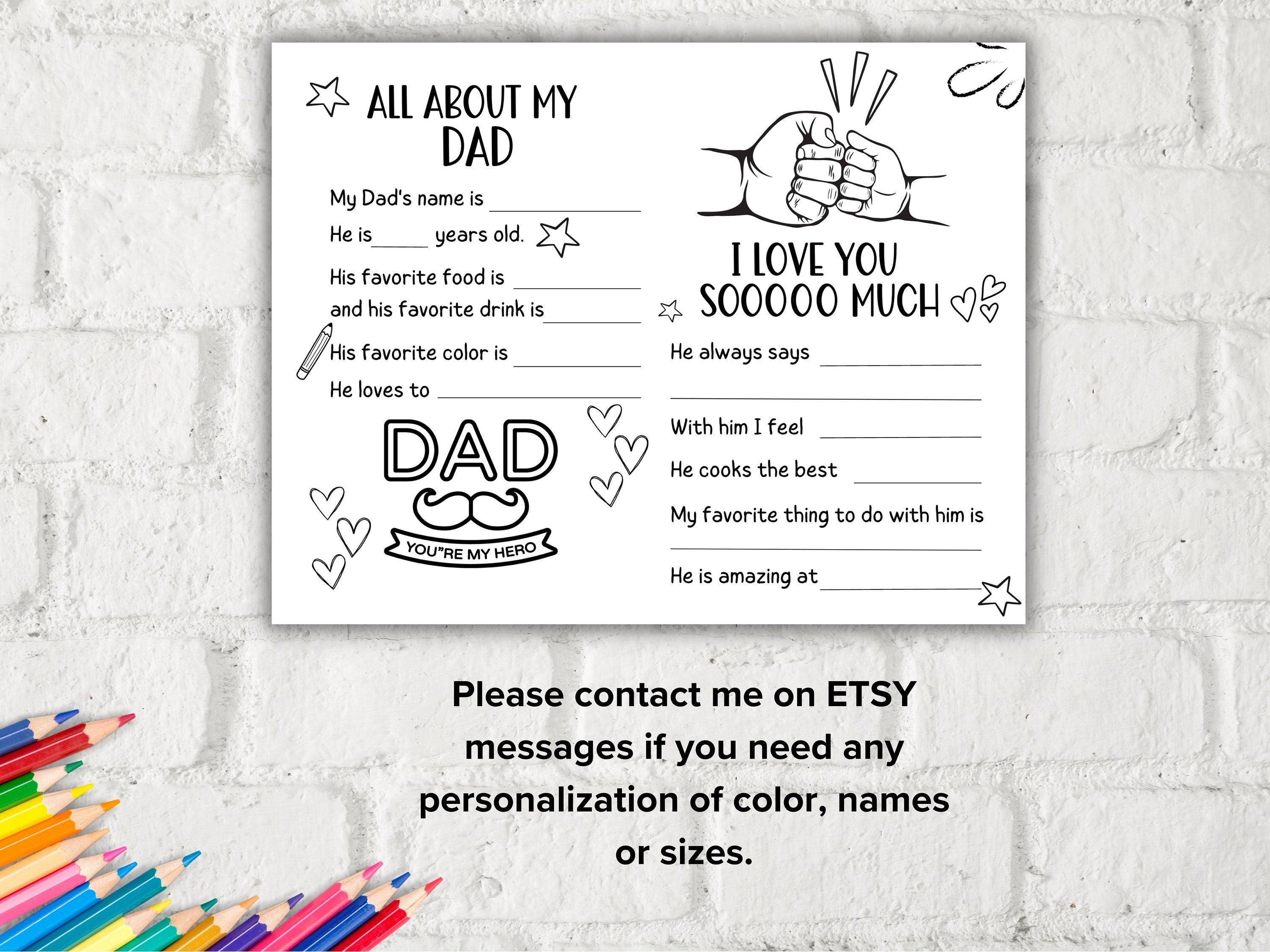 All about my Dad fill in the blank I Father's Day Coloring page sheet I Gift for Bonus Dad I Bonus Dad interview Questionnaire 001