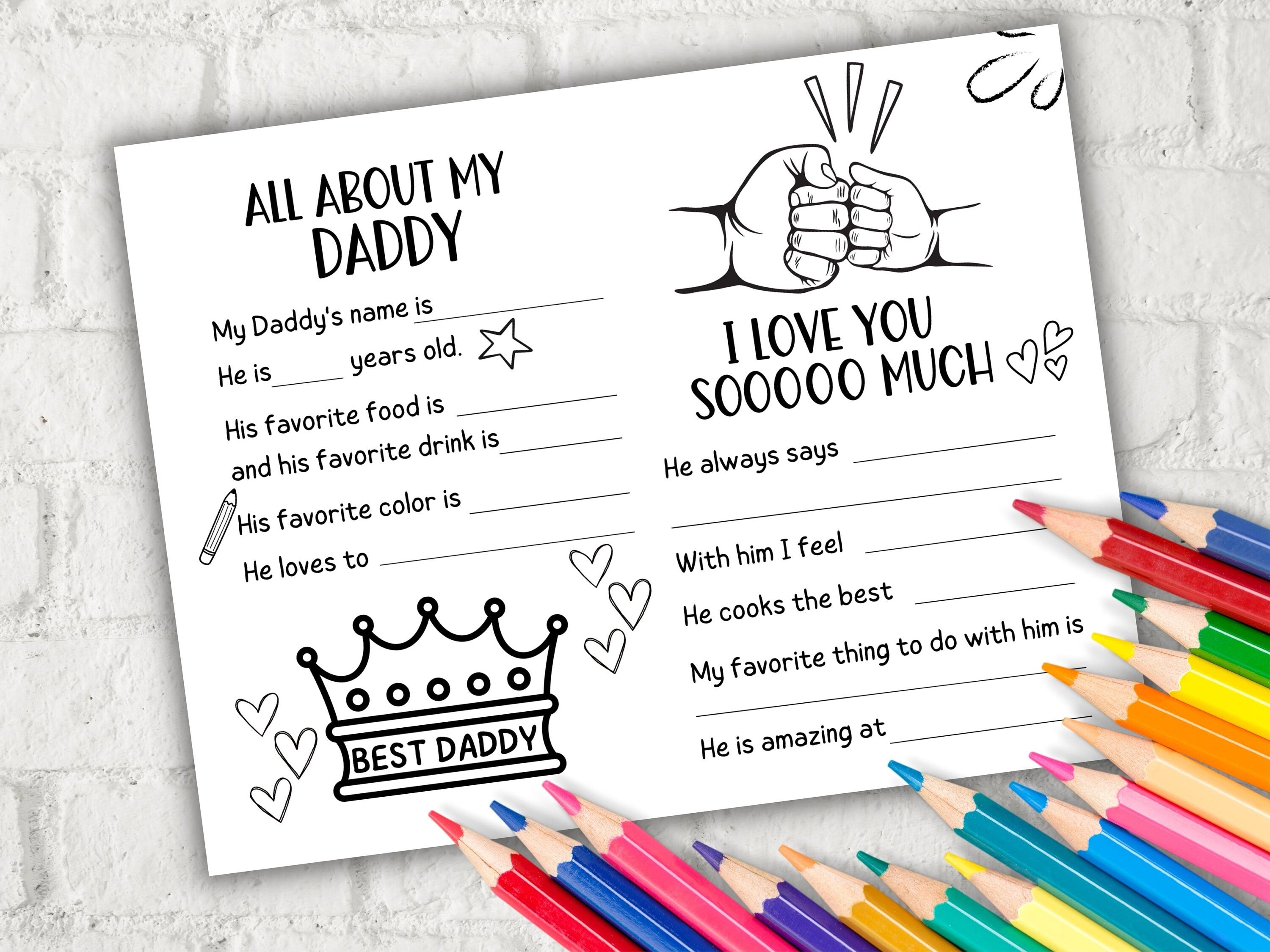 All about my Daddy fill in the blank I Father's Day Coloring page sheet I Gift for Bonus Dad I Dad dy interview Questionnaire 001