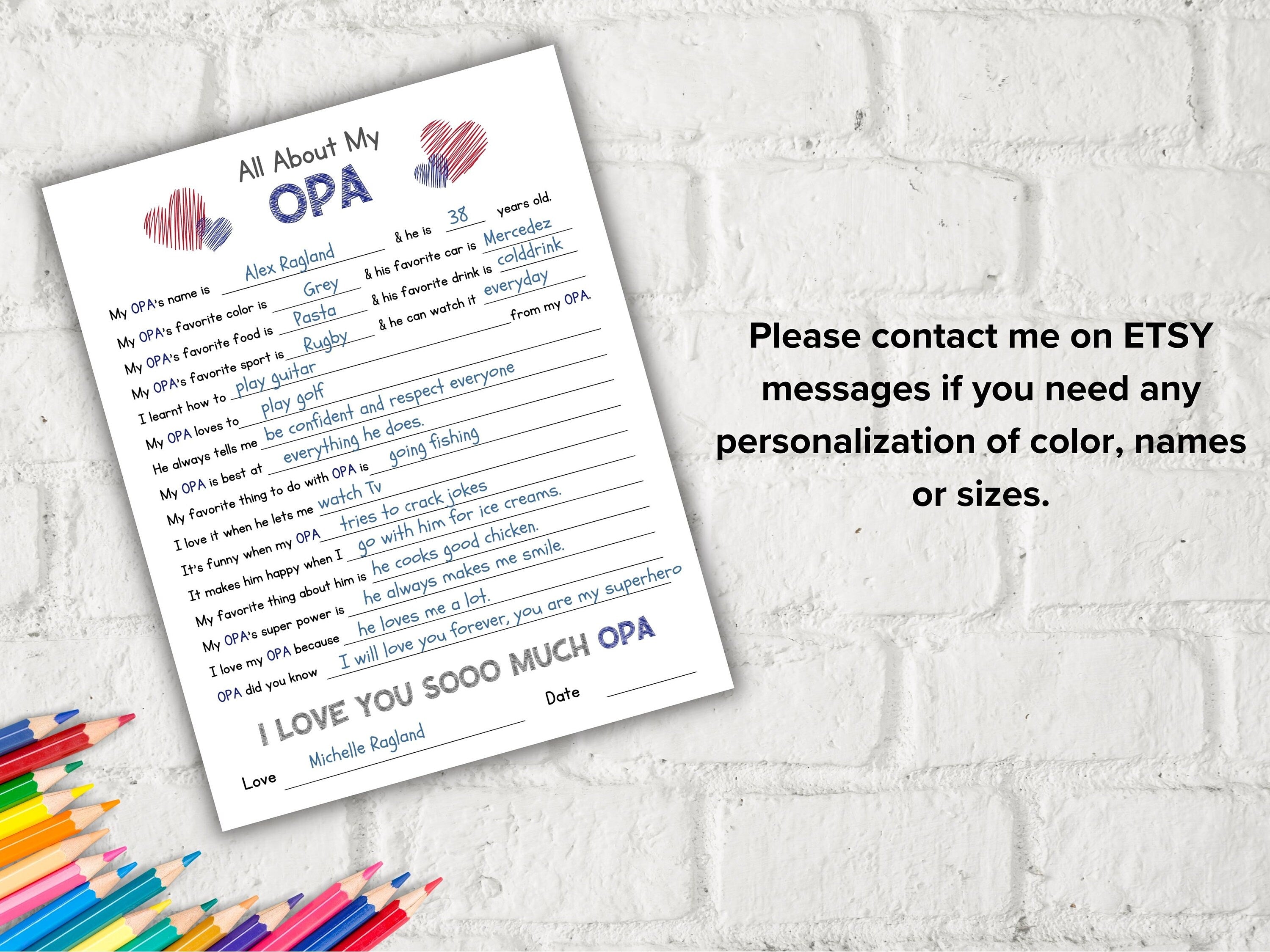 All about my Opa fill in the blank I Father's Day Gift I About Opa I Gift for Opa I Opa interview Questionnaire 001