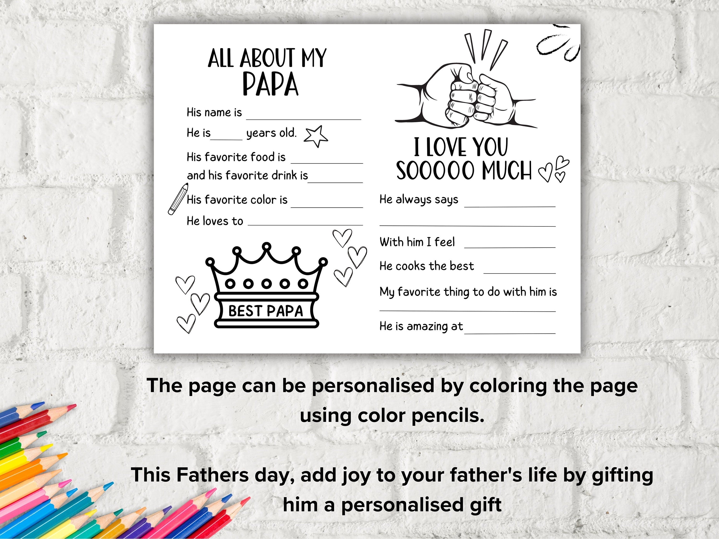 All about my Papa fill in the blank I Father's Day Gift I Coloring page I Last minute Gift for Papa I Papa interview Questionnaire 001
