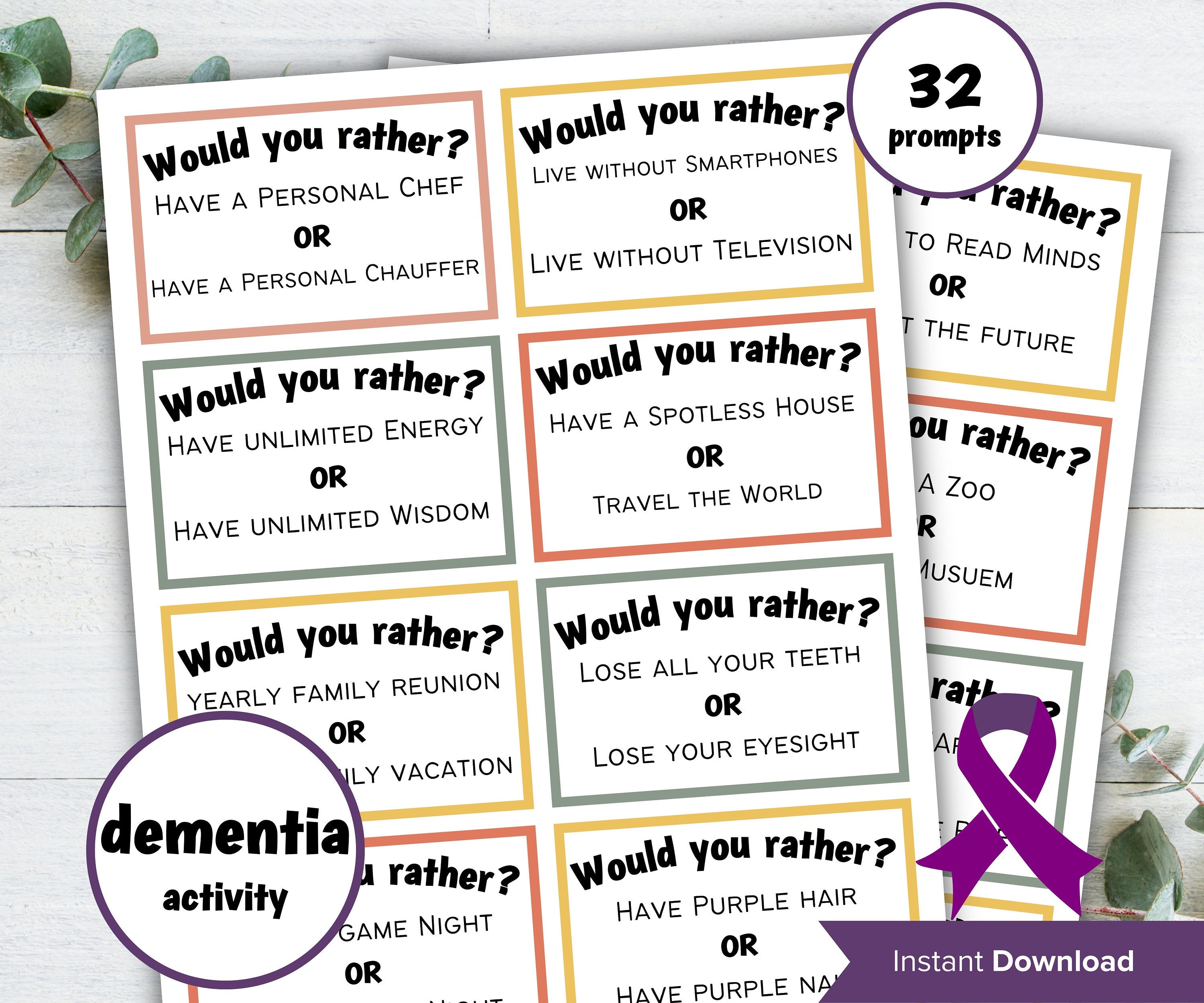 Dementia Would you rather game, Dementia Activities,- -TheHustlingCatLady-Party Games
