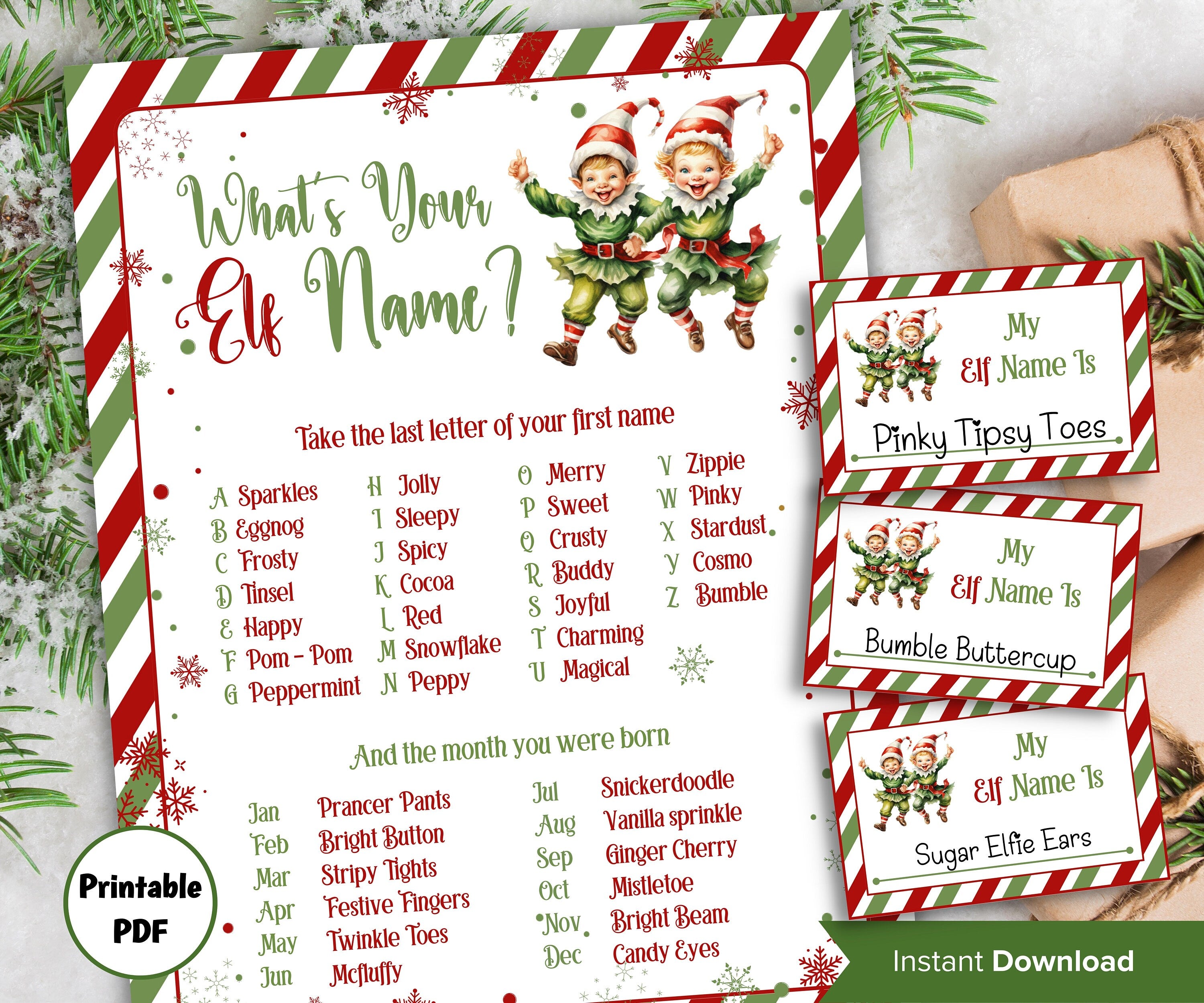 What’s Your Elf name, Elf name tag game, Kids Christmas, Elf name