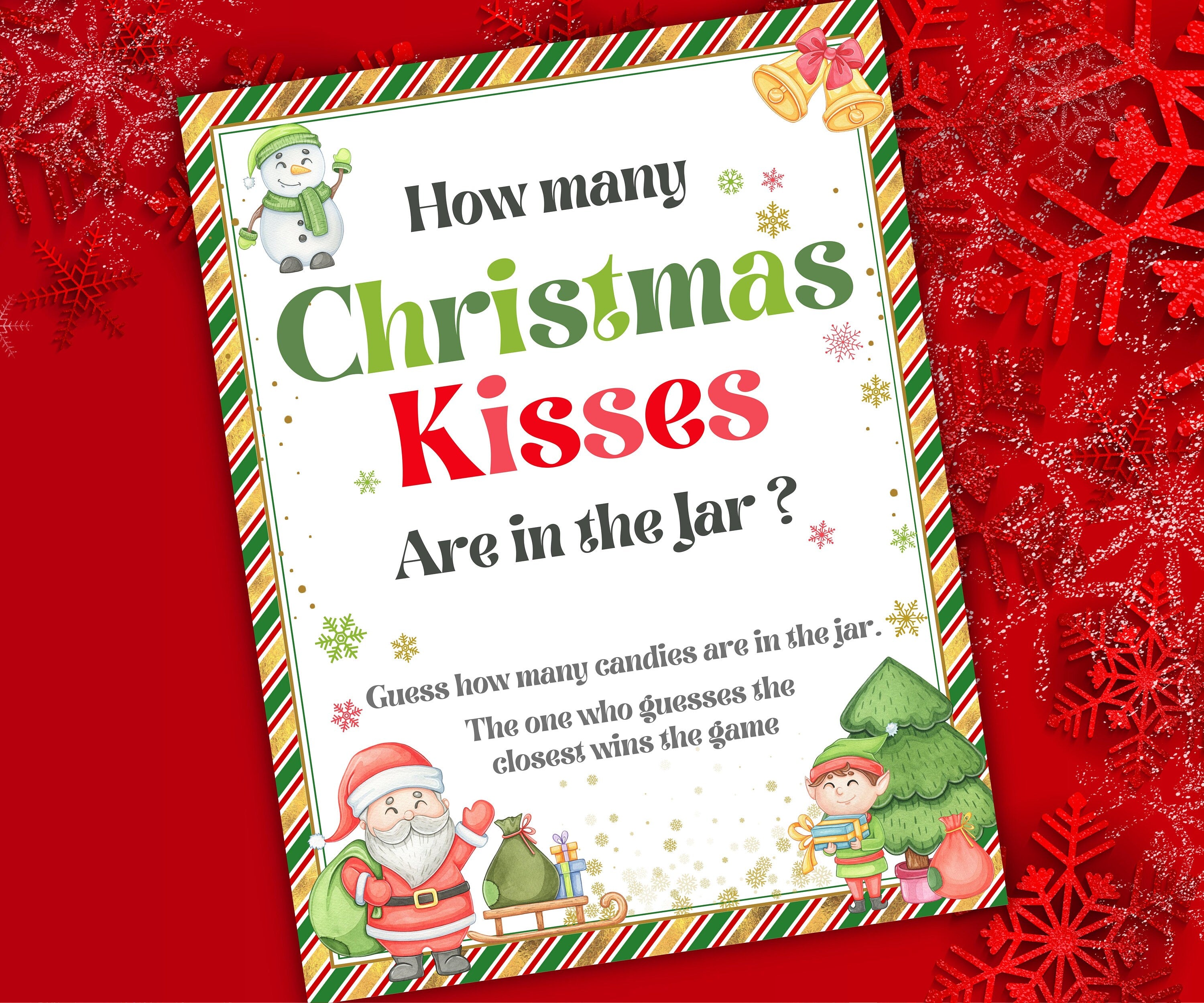 How Many Kisses Guessing Game, Office Christmas Party Games and Party Supplies, Printable Indoor Family Holiday Icebreaker game, baby shower-Christmas -TheHustlingCatLady-Party Games