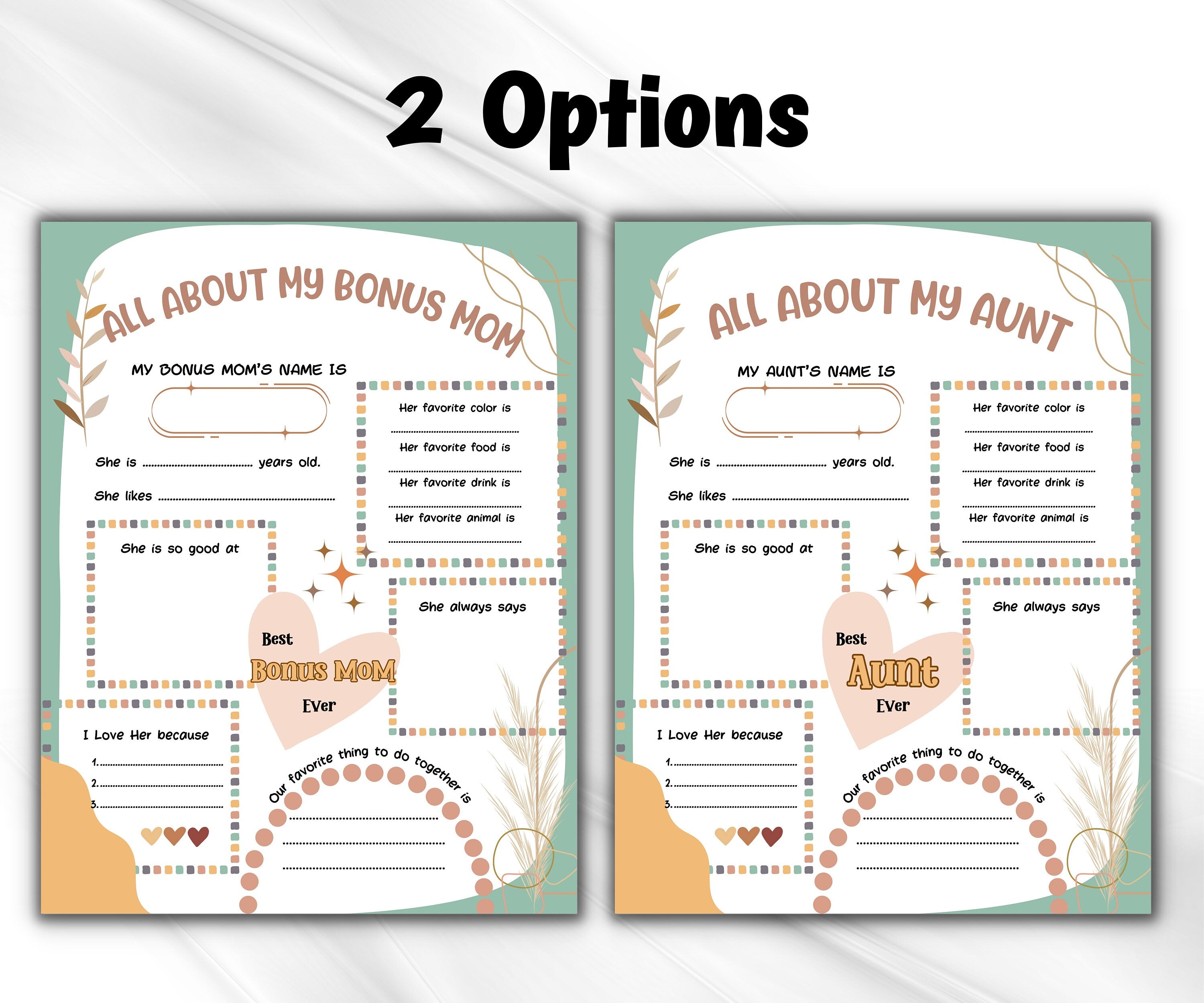 Aunt Gift from kids I Mothers Day Printable | All About my Bonus Mom Aunt | All About Bonus Mom I Aunt Birthday | Personalized Gift for Aunt