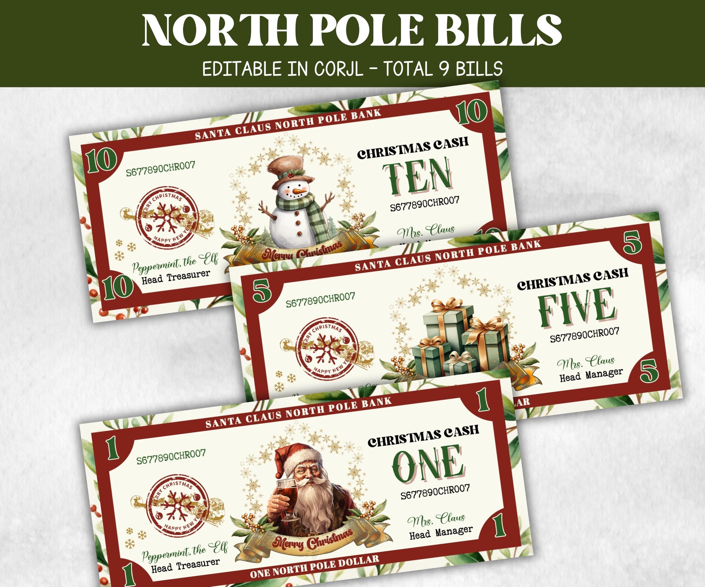 north pole dollar bill, stocking stuffer, ready to print christmas