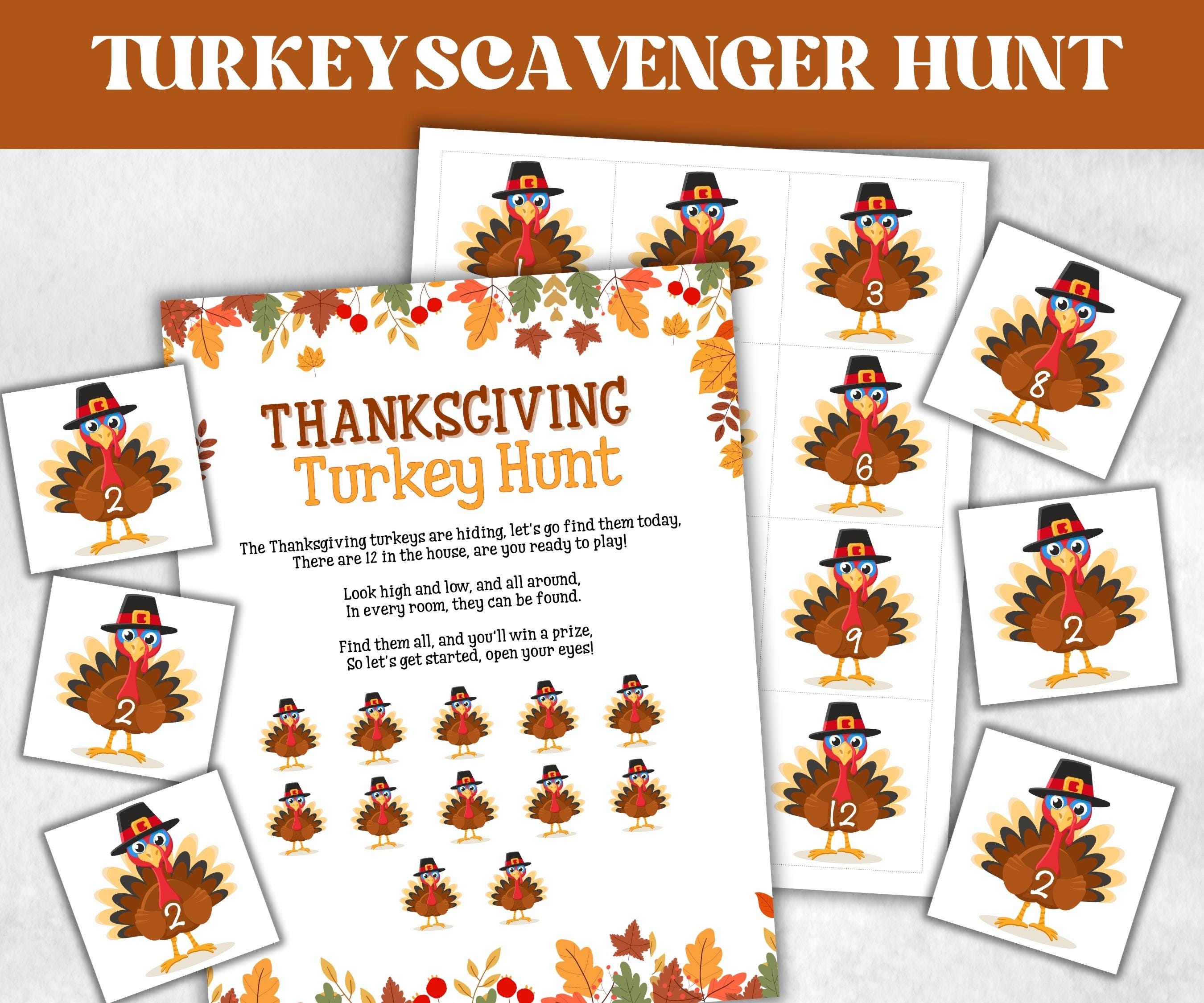 thanksgiving turkey scavenger hunt game, printable family game