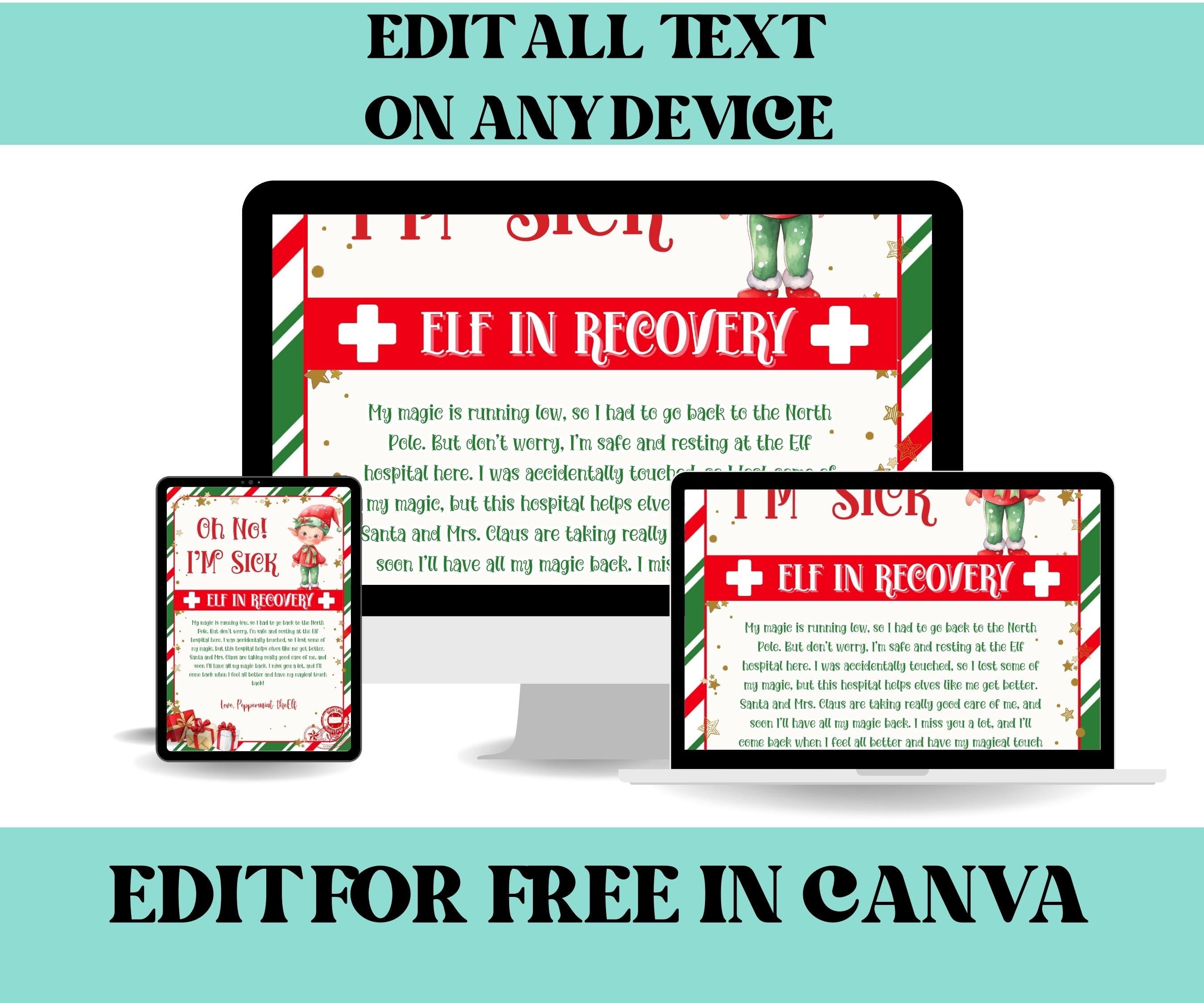 Oh No I’m Sick Elf Letter, Editable Elf Recovery Letter, Kids Elf Printable, Elf Arrival Note, Don’t Touch the Elf, Elf Idea Activities-Christmas -TheHustlingCatLady-Templates