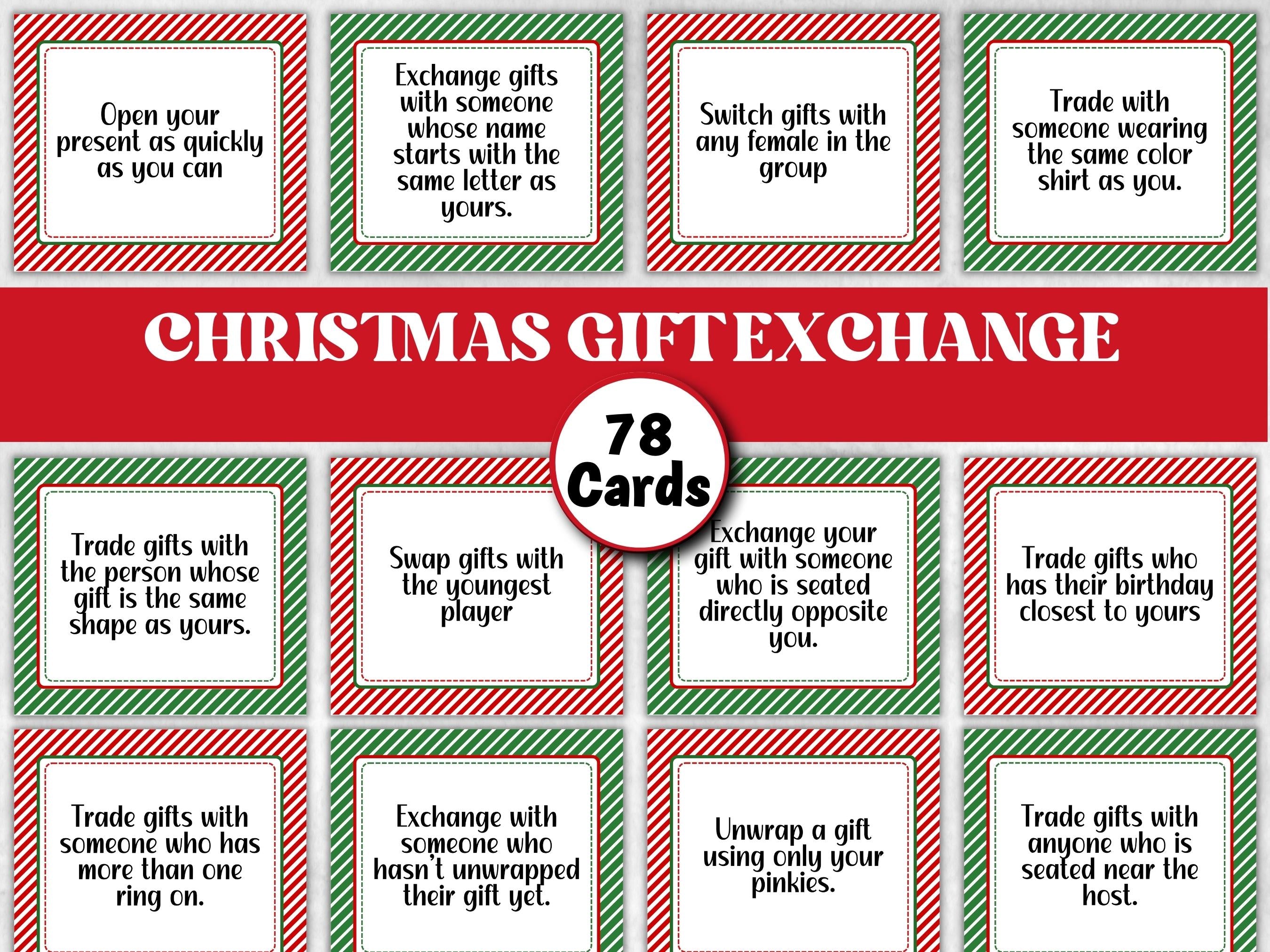 Gift exchange Game Cards, White Elephant Gift Exchange, Christmas 