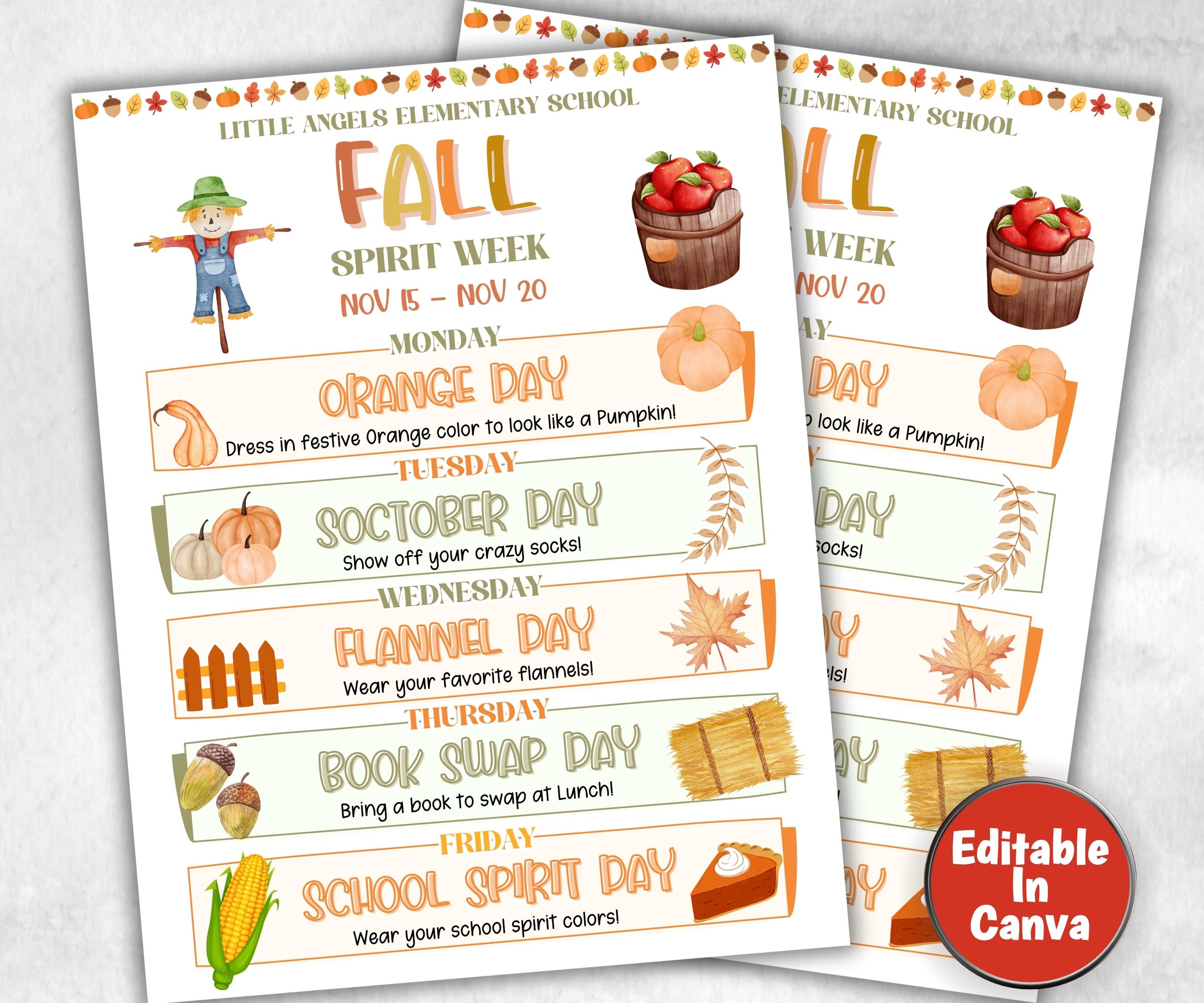 Customizable Fall Autumn School Spirit Week Flyer, PTO Schedule, November Itinerary, Xmas PTA, Editable in Canva, Christmas Newsletter Customizable Fall Autumn School Spirit Week Flyer, PTO Schedule, November Itinerary, Xmas PTA, Editable in Canva, Christmas Newsletter