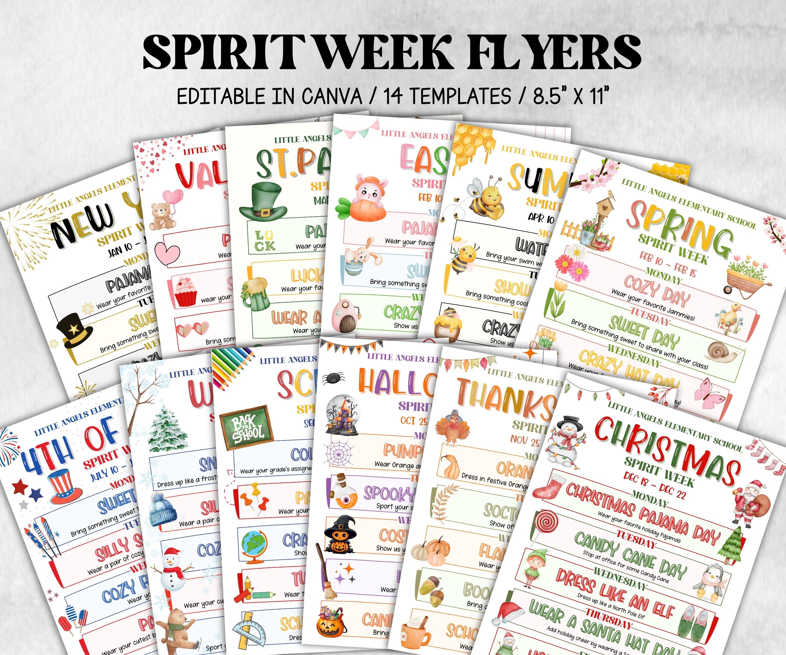 Editable Seasonal School Spirit Week Flyer, PTA Schedule, Monthly Itinerary, Classroom PTA, Canva, Classroom Newsletter, School Events-Back To School -TheHustlingCatLady-Party Games