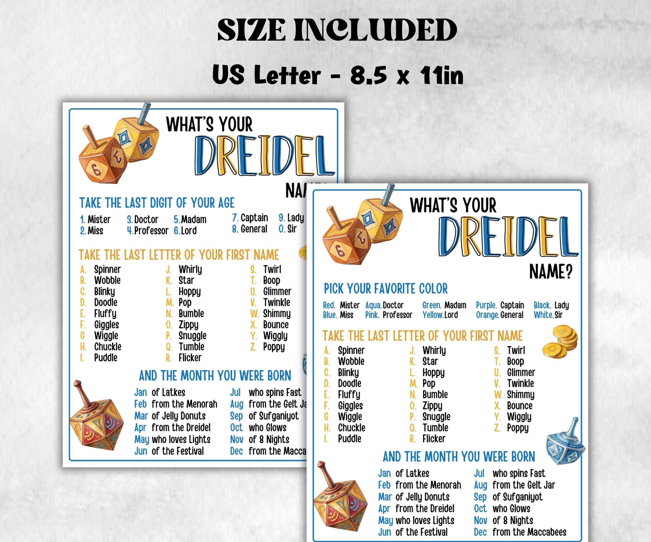 Whats your dreidel name, Chanukah creative printable, engaging Menorah game, party fun, personalized Hanukkah game, unique party activity-Sports Printables -TheHustlingCatLady-Party Games