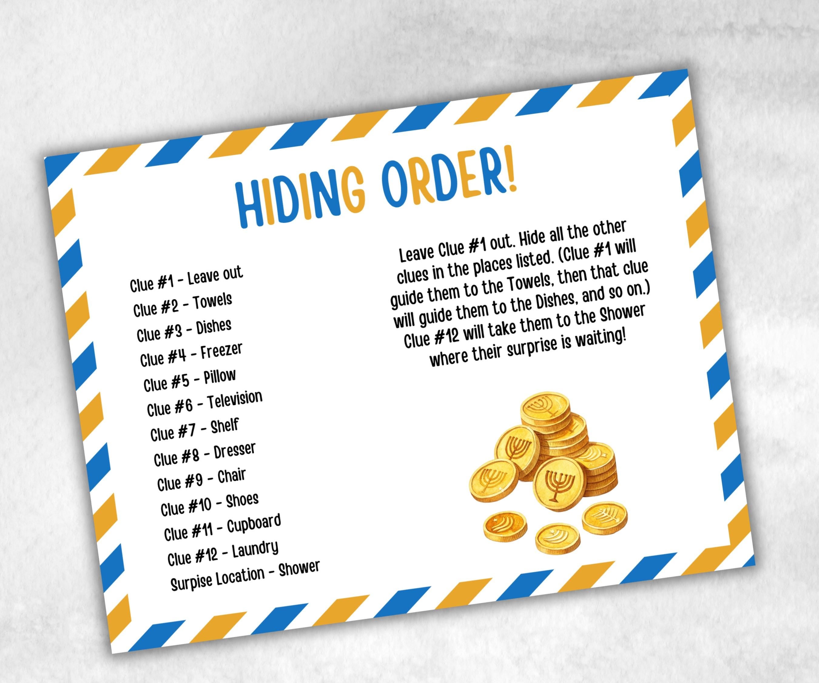 Teen Hanukkah Indoor Treasure Hunt, Treasure Scavenger Clues, Chanukah Printable Activity, Jewish Holiday Game, Holiday Kids Game fun ideas-Sports Printables -TheHustlingCatLady-Party Games