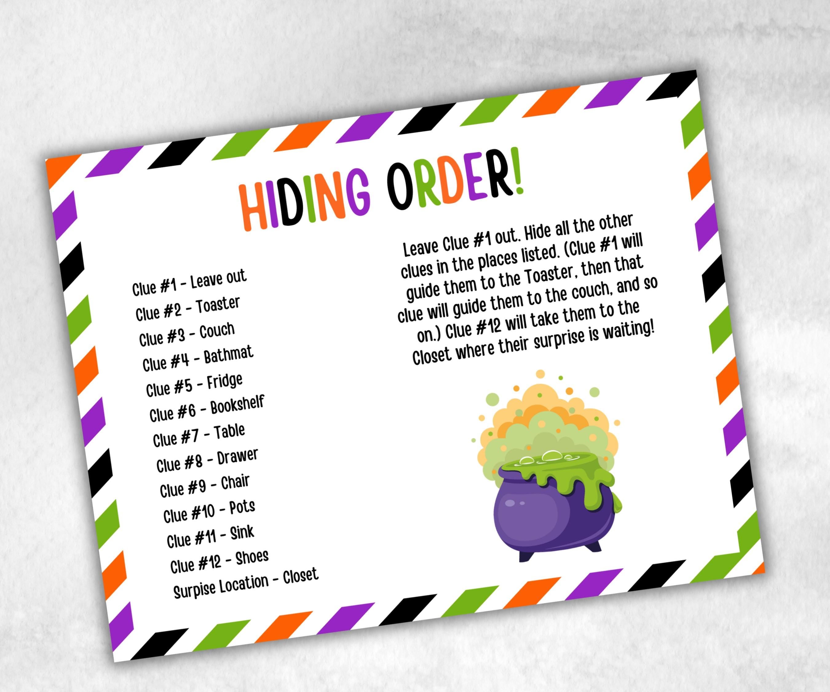 Halloween Indoor Treasure Hunt, Scavenger Party Game, Halloween Printable Party Activity, Kids Treasure Hunt Clues, Scavenger Hunt Clues-Halloween Printables -TheHustlingCatLady-Party Games
