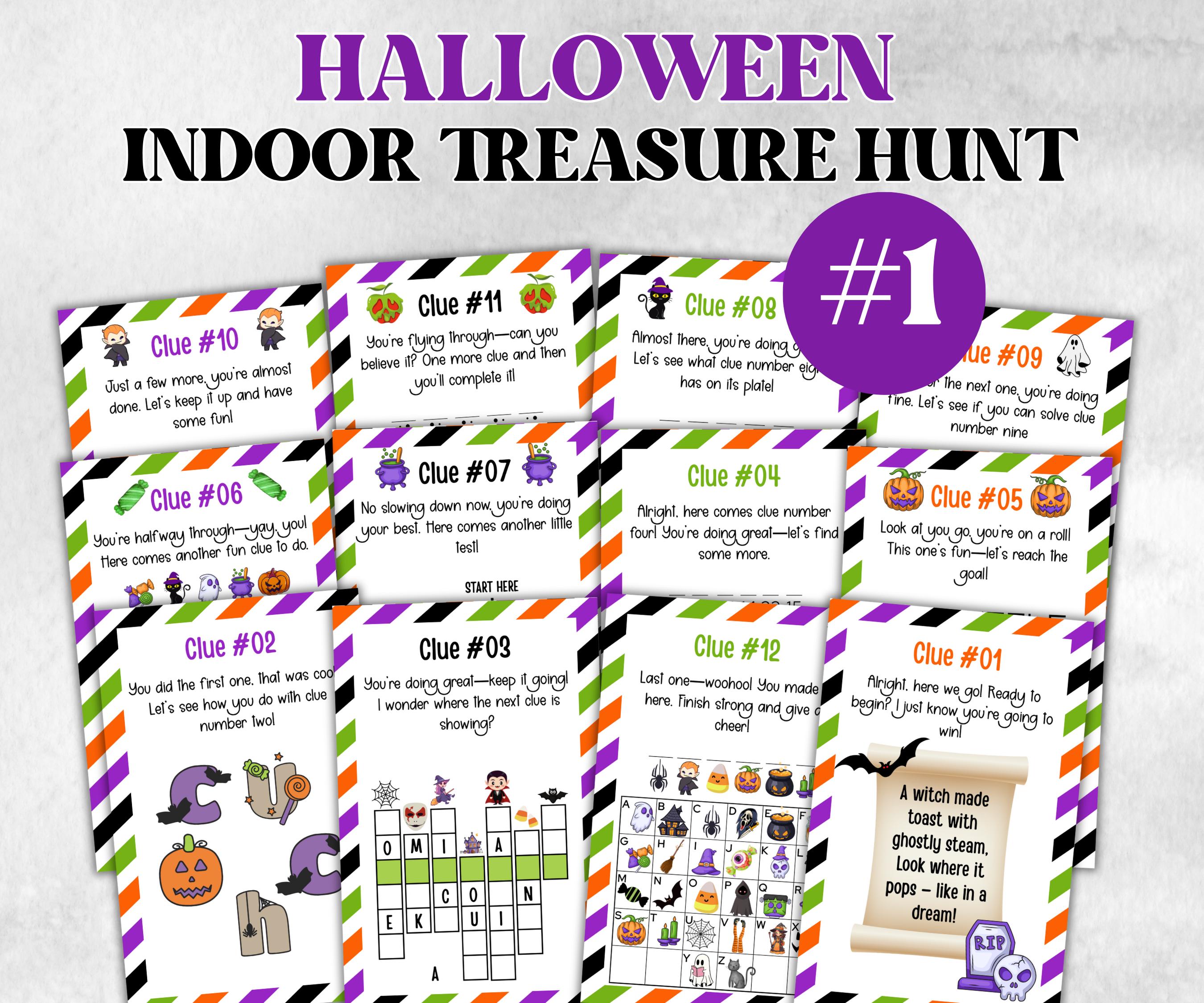 Halloween Indoor Treasure Hunt, Scavenger Party Game, Halloween Printable Party Activity, Kids Treasure Hunt Clues, Scavenger Hunt Clues-Halloween Printables -TheHustlingCatLady-Party Games