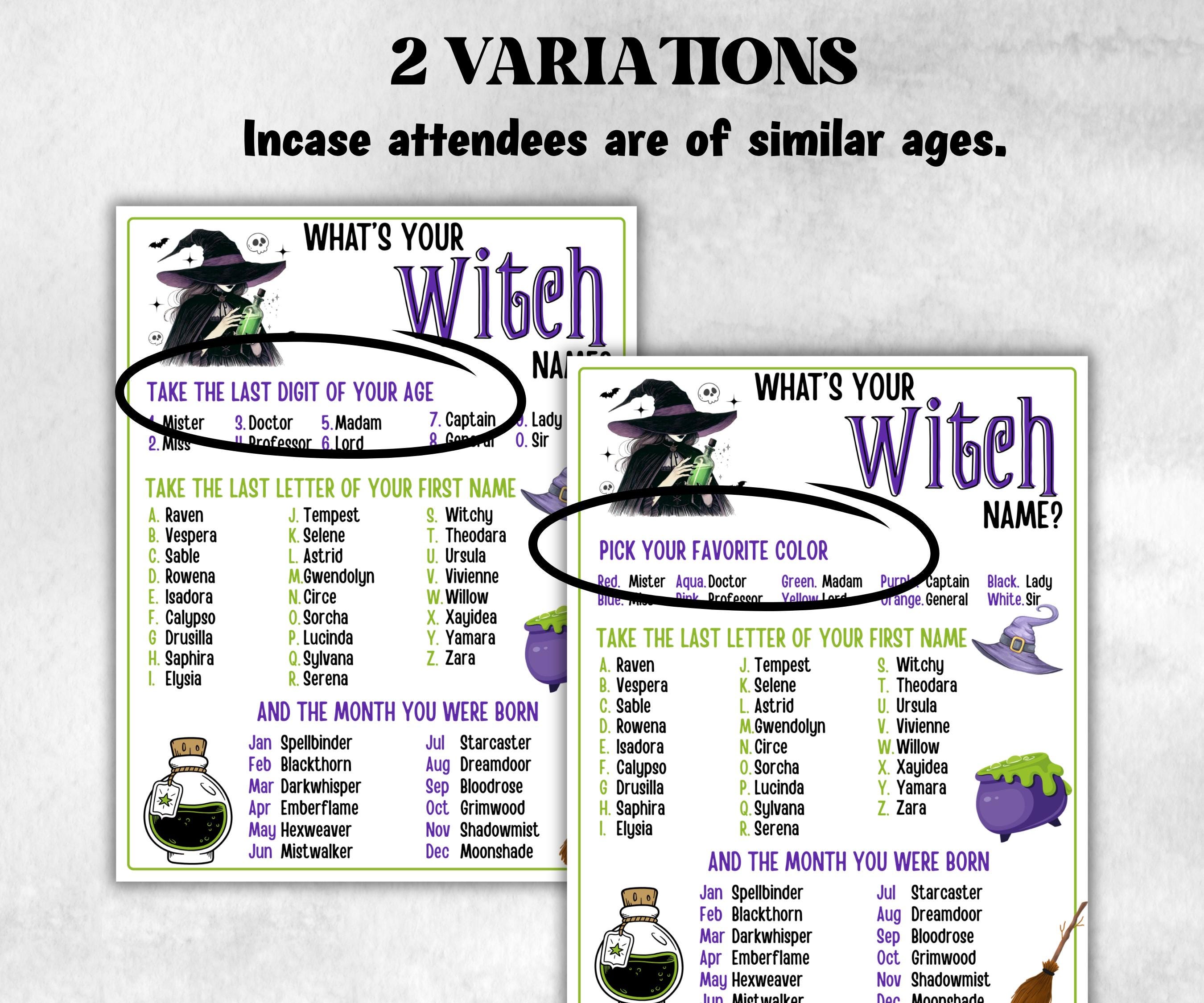 Whats Your Witch Name Game, Kids Halloween Wicked theme party, Witch Name Game Birthday Party, Witch Party Game, Magic Potion, Witch Night-Halloween Printables -TheHustlingCatLady-Party Games