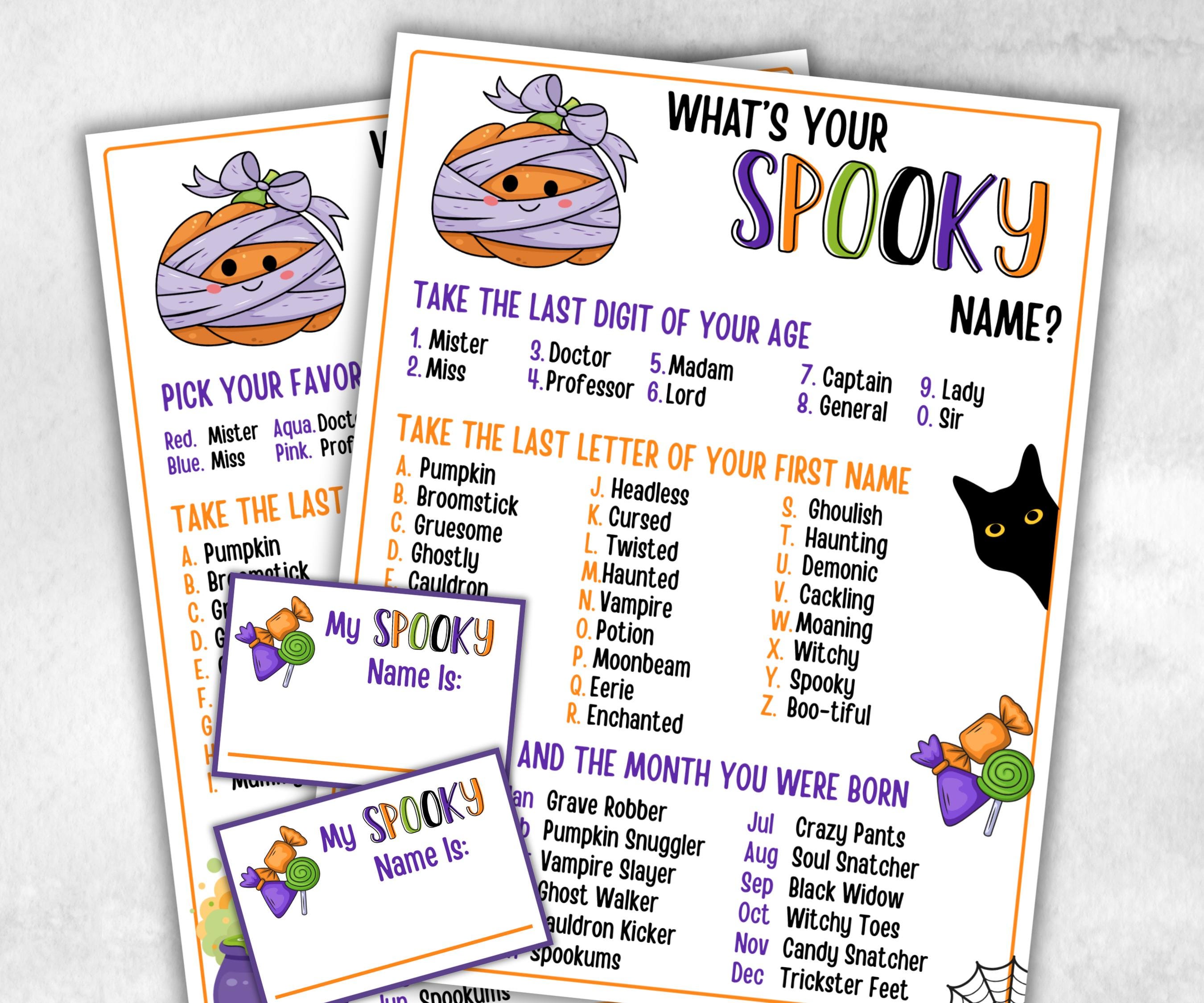 Whats Your Spooky Name Game, Kids Halloween Spooky theme party, Spooky Name Game Birthday Party, Spooky Party Game, Halloween name Game card-Halloween Printables -TheHustlingCatLady-Party Games