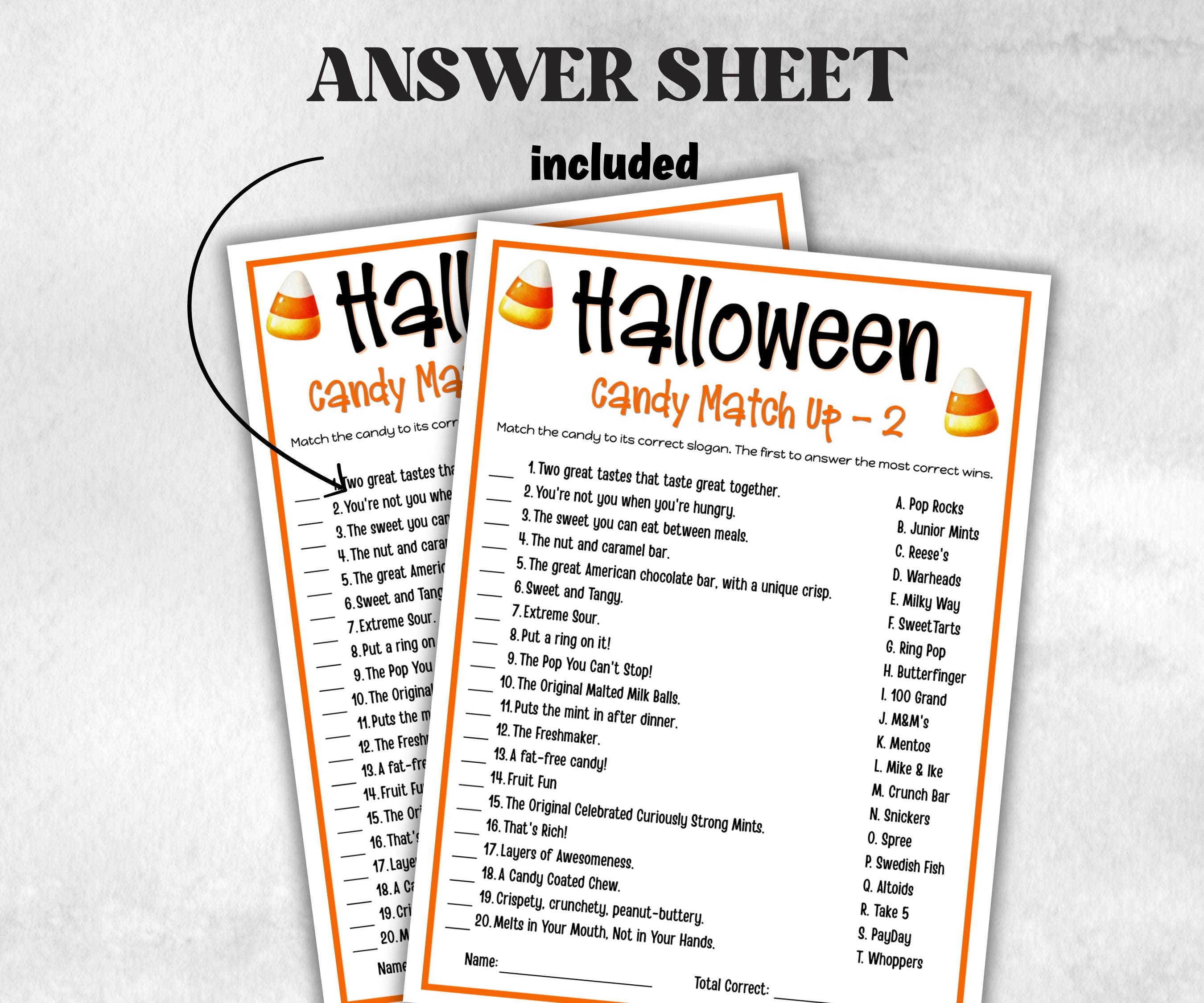 Halloween Candy slogan match Trivia, Candy Party Game Activity, Teen kid, Adult Halloween, Baby Shower Game, Office Party, Family Game Night-Halloween Printables -TheHustlingCatLady-Party Games