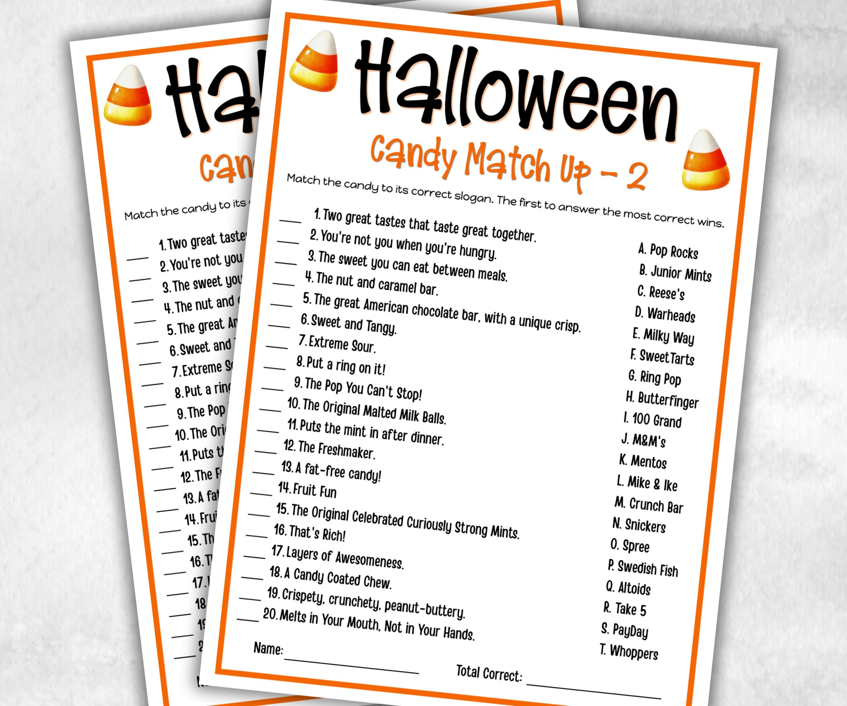 Halloween Candy slogan match Trivia, Candy Party Game Activity, Teen kid, Adult Halloween, Baby Shower Game, Office Party, Family Game Night-Halloween Printables -TheHustlingCatLady-Party Games