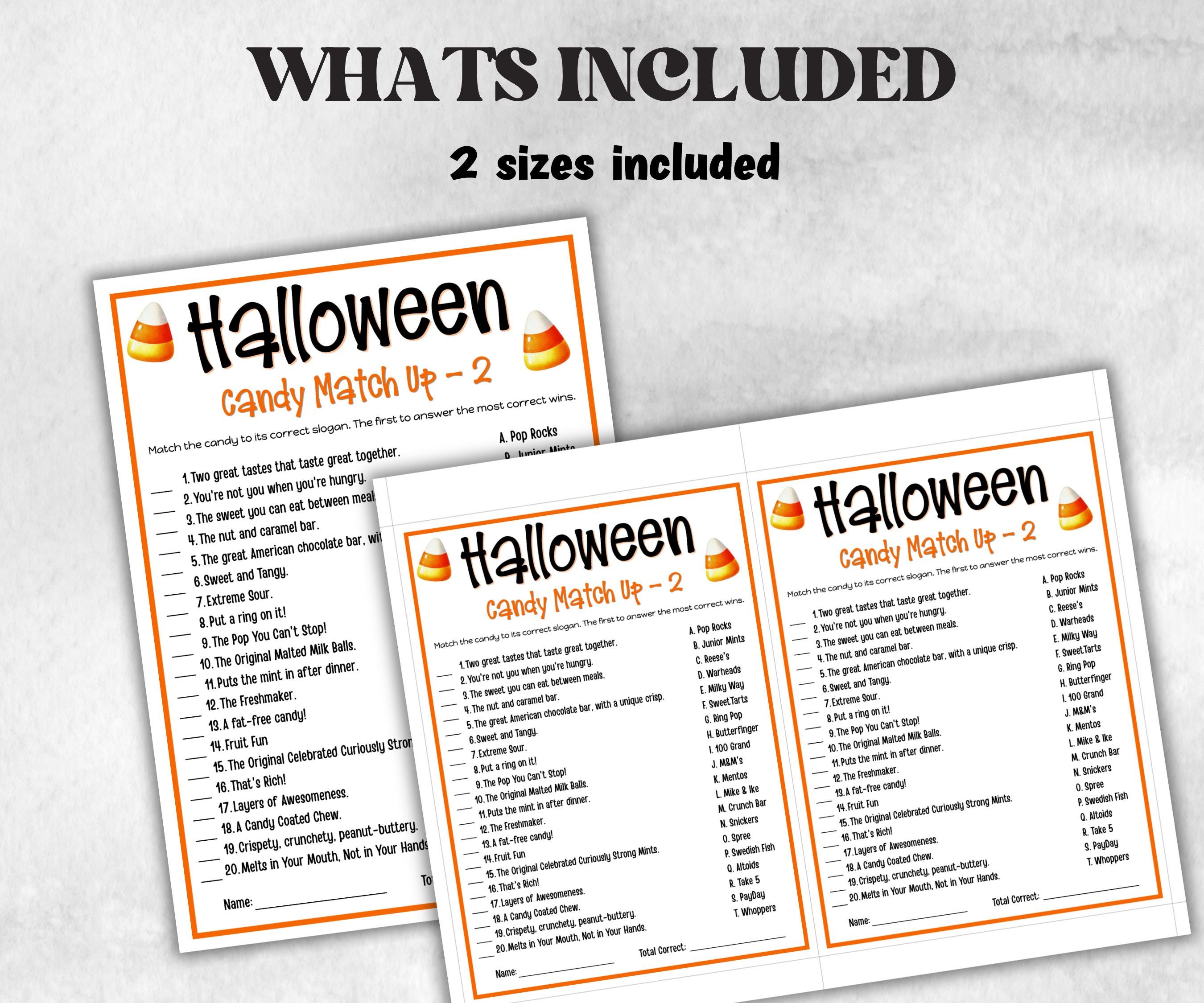 Halloween Candy slogan match Trivia, Candy Party Game Activity, Teen kid, Adult Halloween, Baby Shower Game, Office Party, Family Game Night-Halloween Printables -TheHustlingCatLady-Party Games