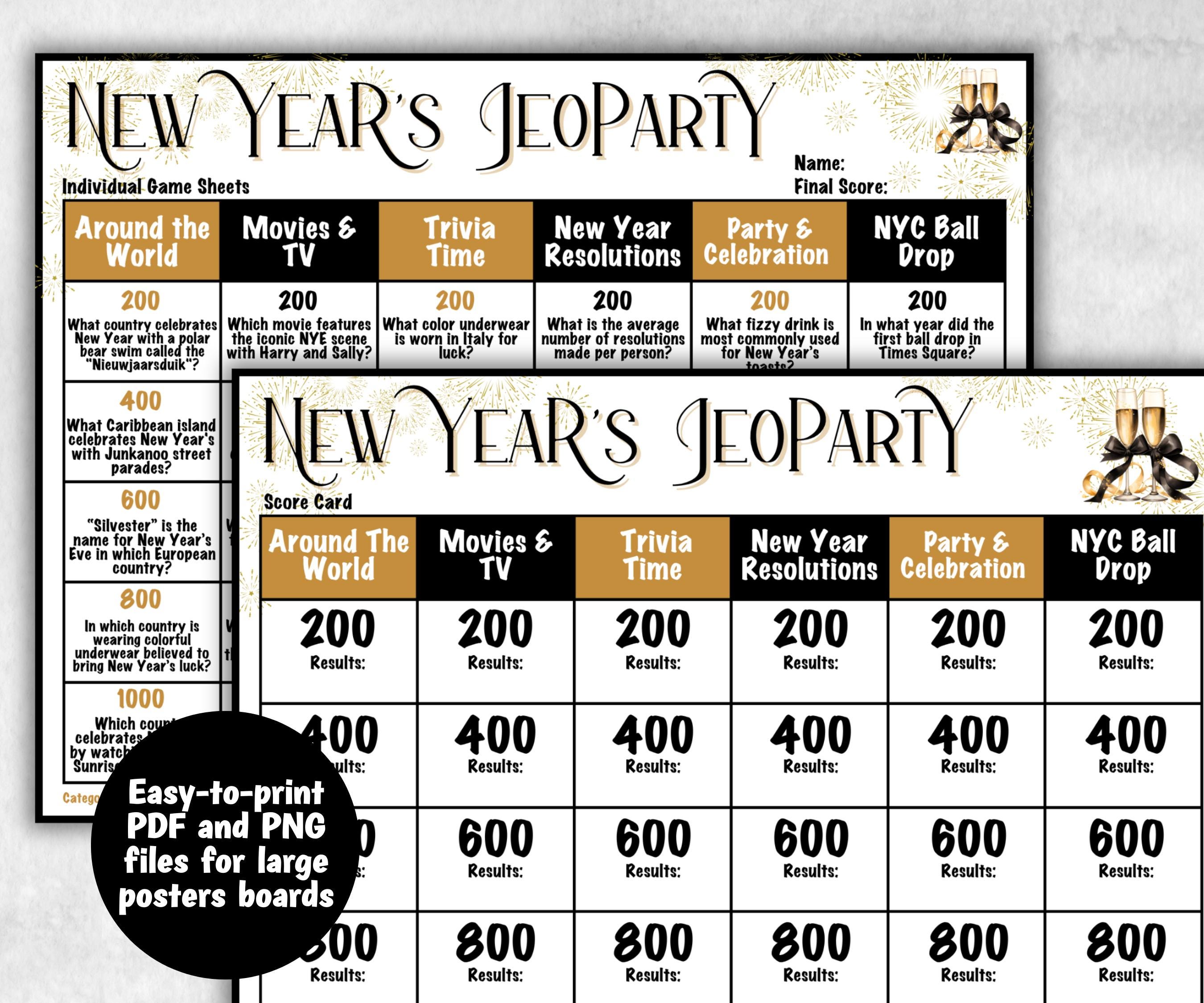 New Years Jeopardy, Trivia Party, Printable Adult & Teen Activity, New Years Quiz, Group Game Show, Winter Party activity, Zoom Family Feud-New Year's -TheHustlingCatLady-Party Games