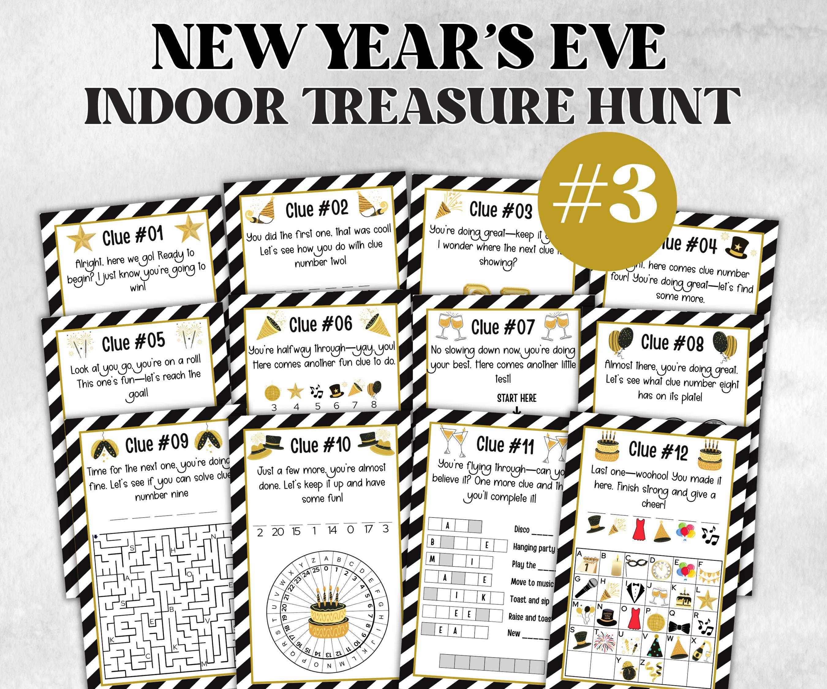 Printable New Year Party Games, New Years Eve Indoor Treasure Hunt Kids, New Year Activity, New Year Scavenger, Nye Treasure Hunt Clues-New Year's -TheHustlingCatLady-Party Games