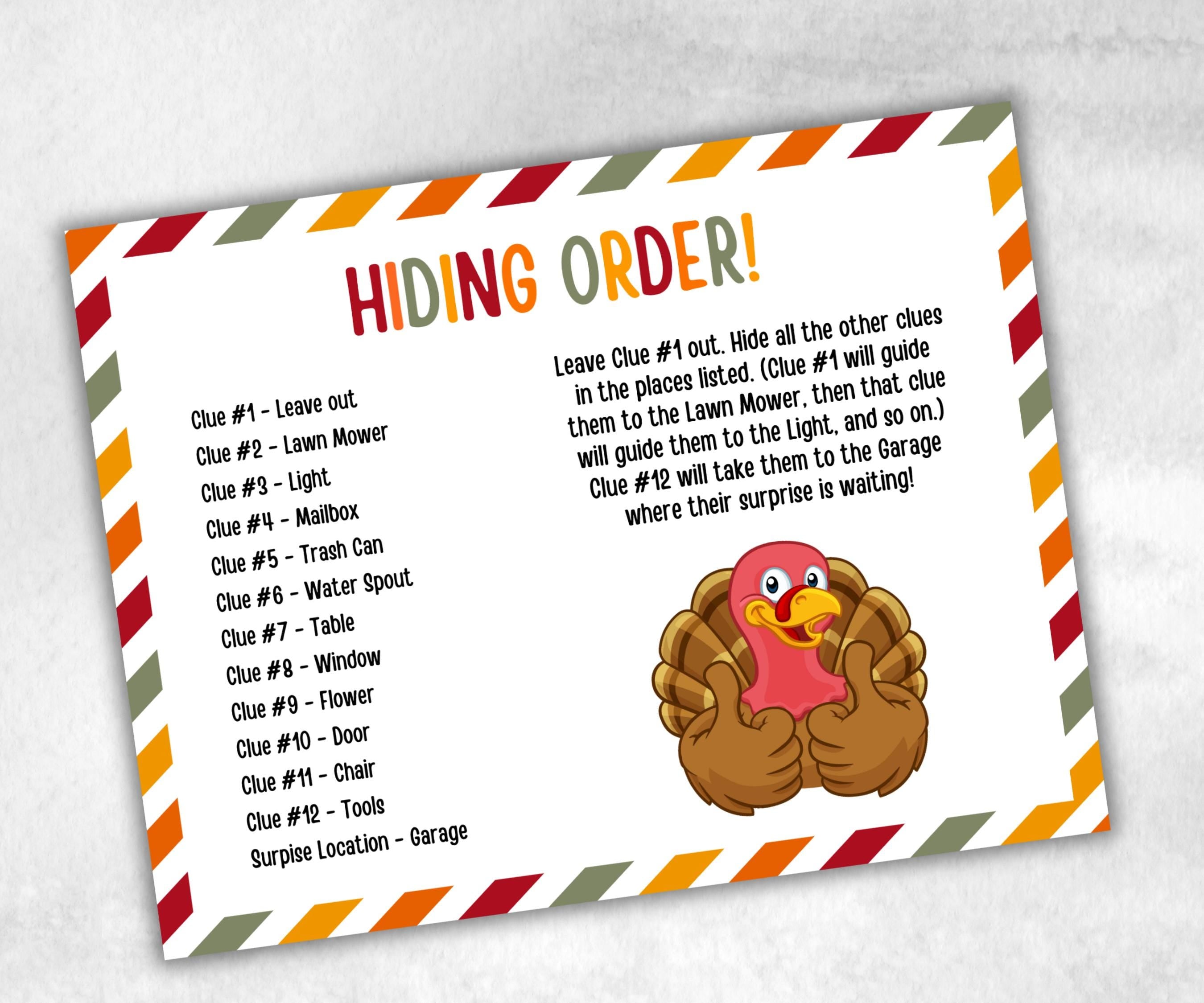 Outdoor Treasure Hunt Game, Printable Turkey hunt, Outdoor adventure, Fall Autumn activity, Friendsgiving game, Family Holiday Quiz-Thanksgiving -TheHustlingCatLady-Party Games