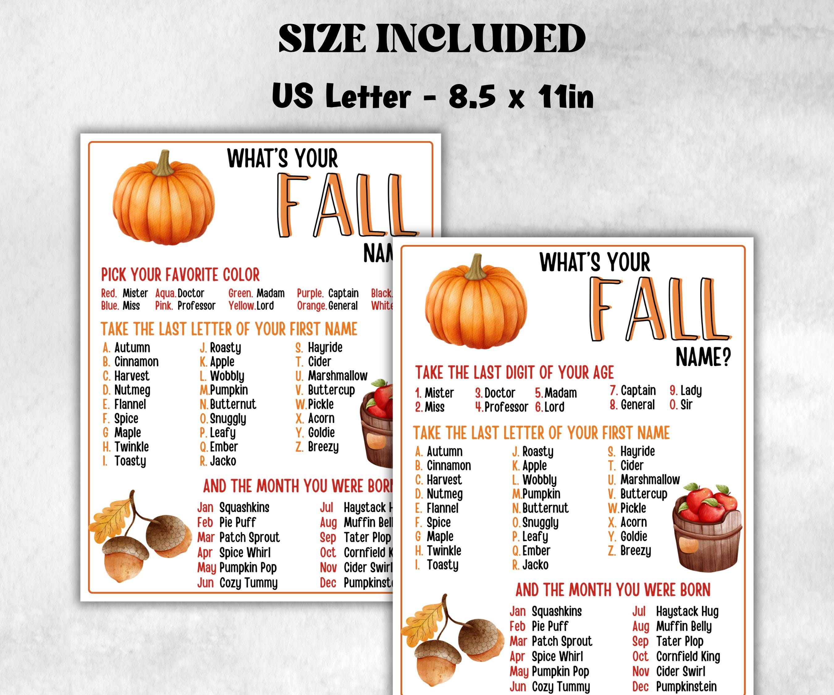 Whats Your Fall Name Game, Kids Thanksgiving theme party, Pumpkin fall festival Birthday Party, Fall Party Game, Fall name card, Give thanks-Thanksgiving -TheHustlingCatLady-Party Games