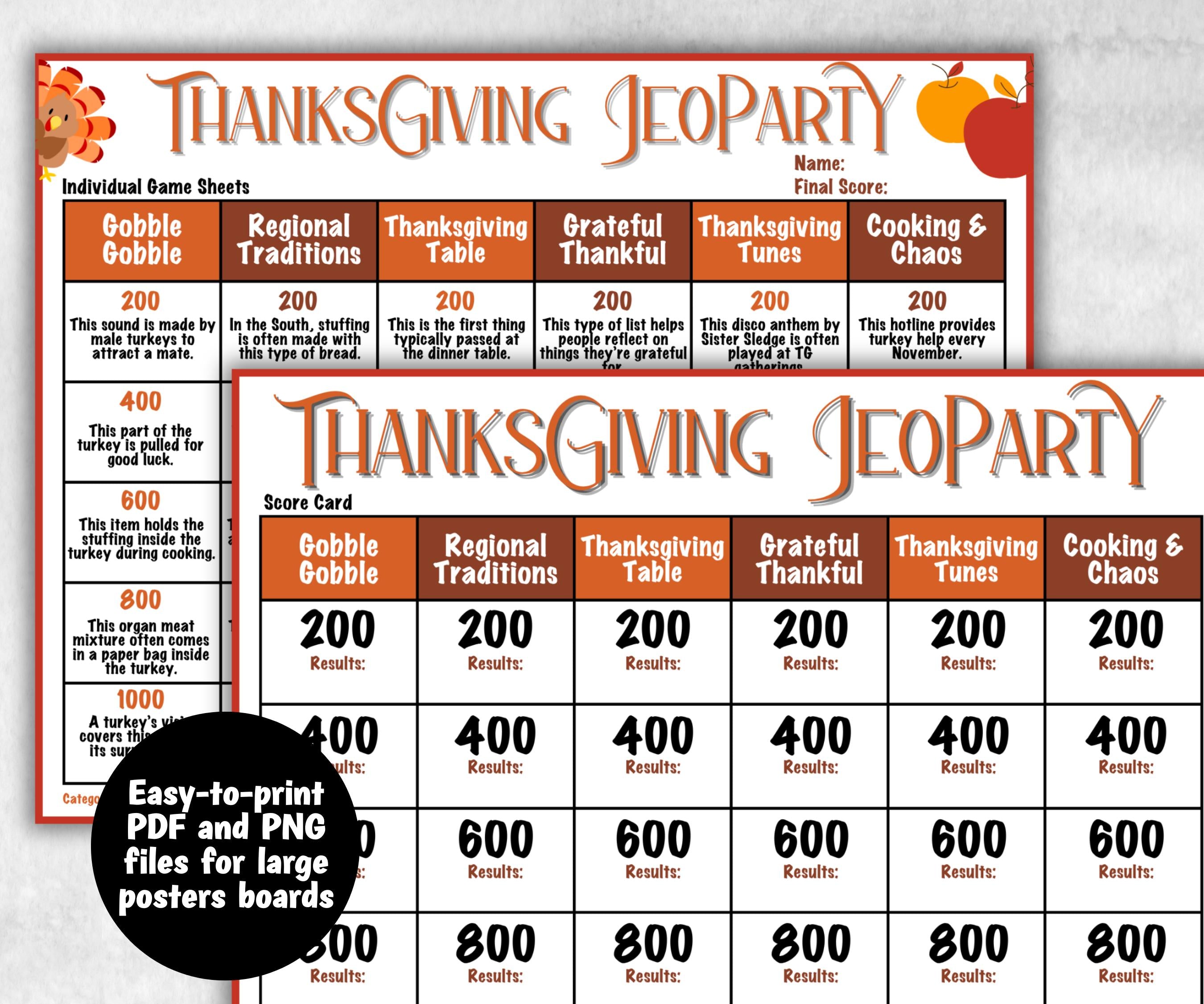 Thanksgiving Jeopardy, Trivia Party, Printable Adult & Teen Activity, Thanksgiving Quiz, Group Game Show, Fall Party activity, Family Feud-Thanksgiving -TheHustlingCatLady-Party Games