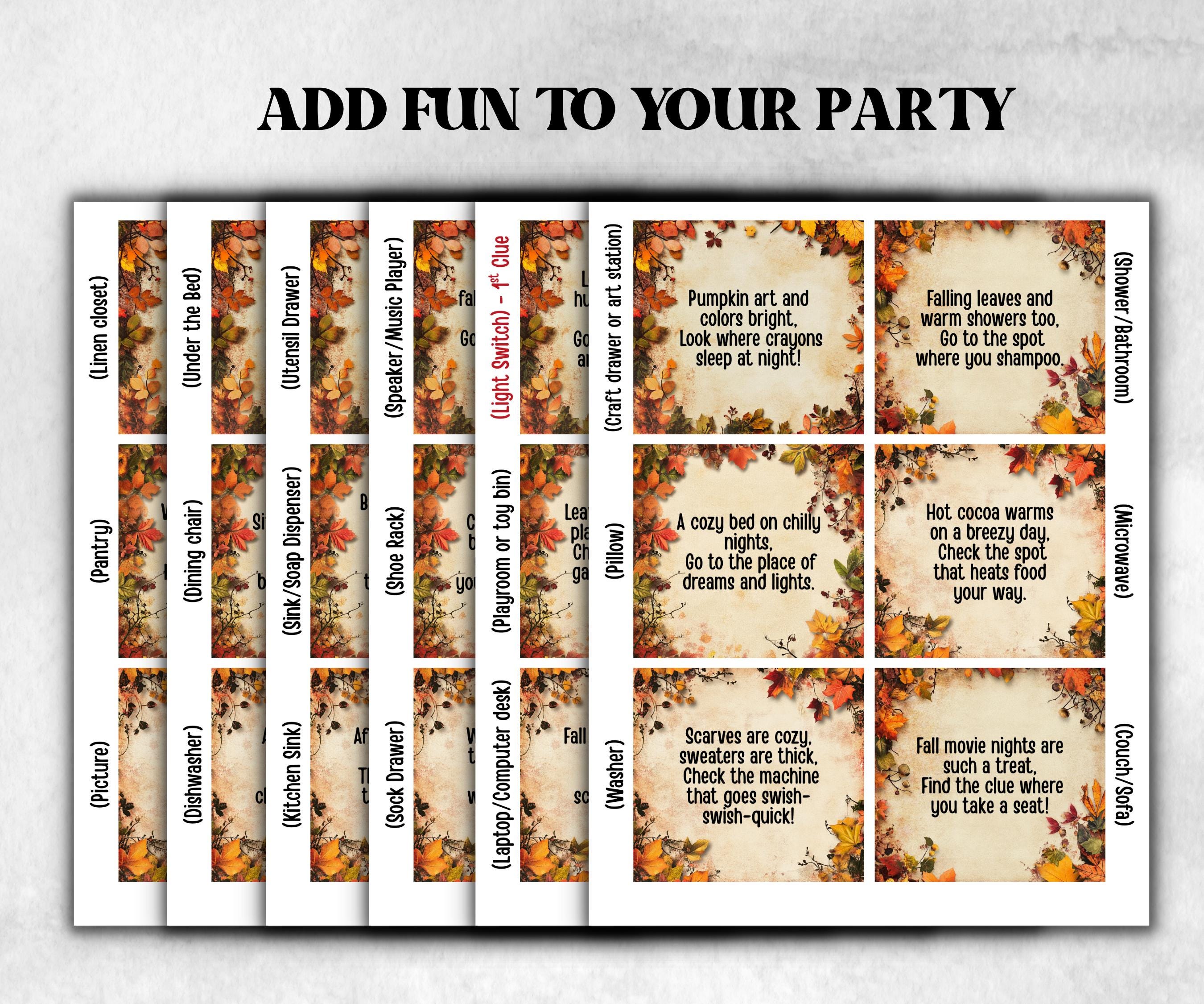 Fall Indoor Scavenger Hunt Game, Printable Riddle Quiz, Adventure for Kid, Fall Autumn activity, Friendsgiving Thanksgiving, Family Holiday-Thanksgiving -TheHustlingCatLady-Party Games