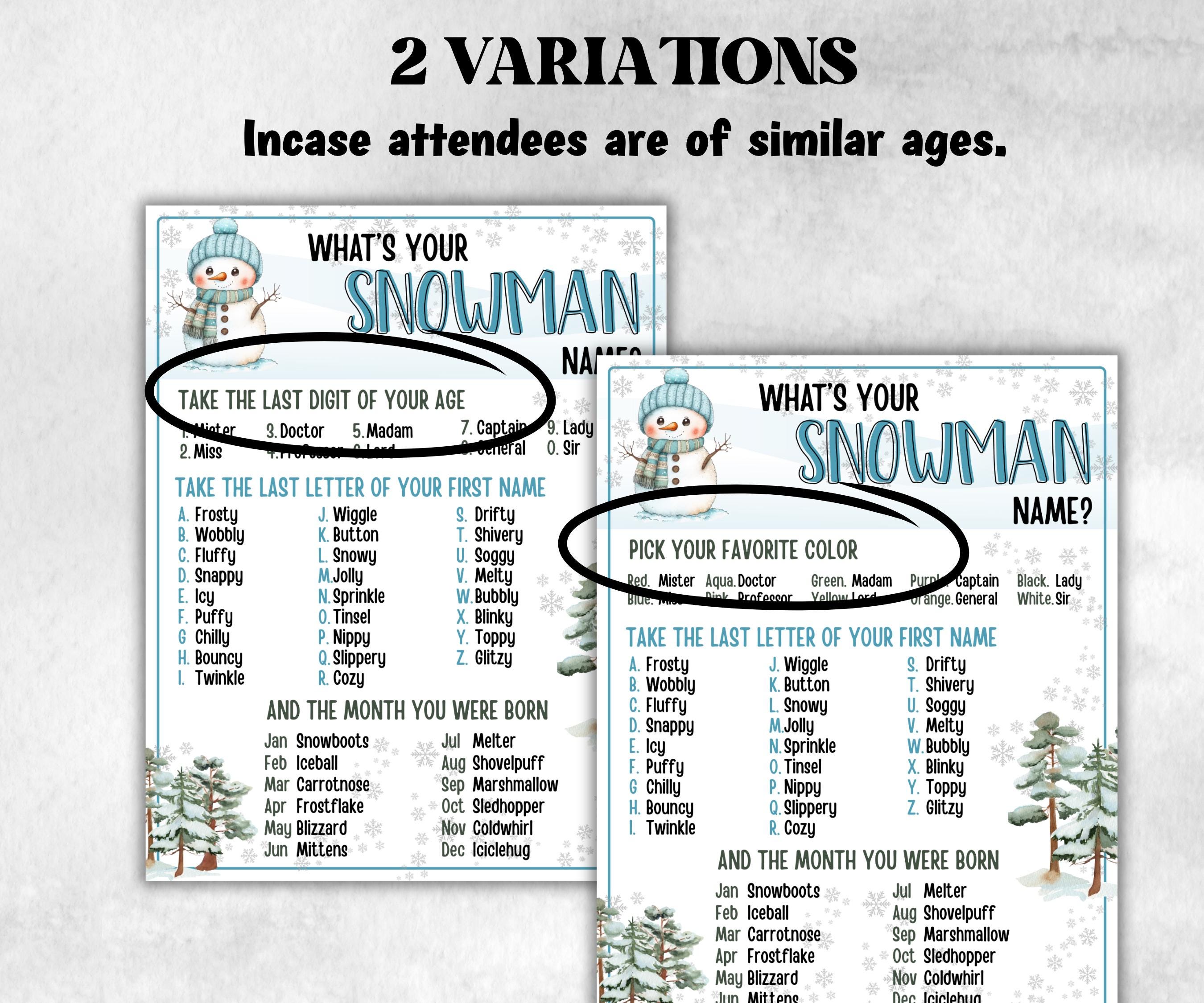 Whats Your Snowman Name Game, Office Party Game, Snowman Name Tags, Icebreaker Game, Whats Your Snowman Name game, Name the Snowman Game-Christmas -TheHustlingCatLady-Party Games