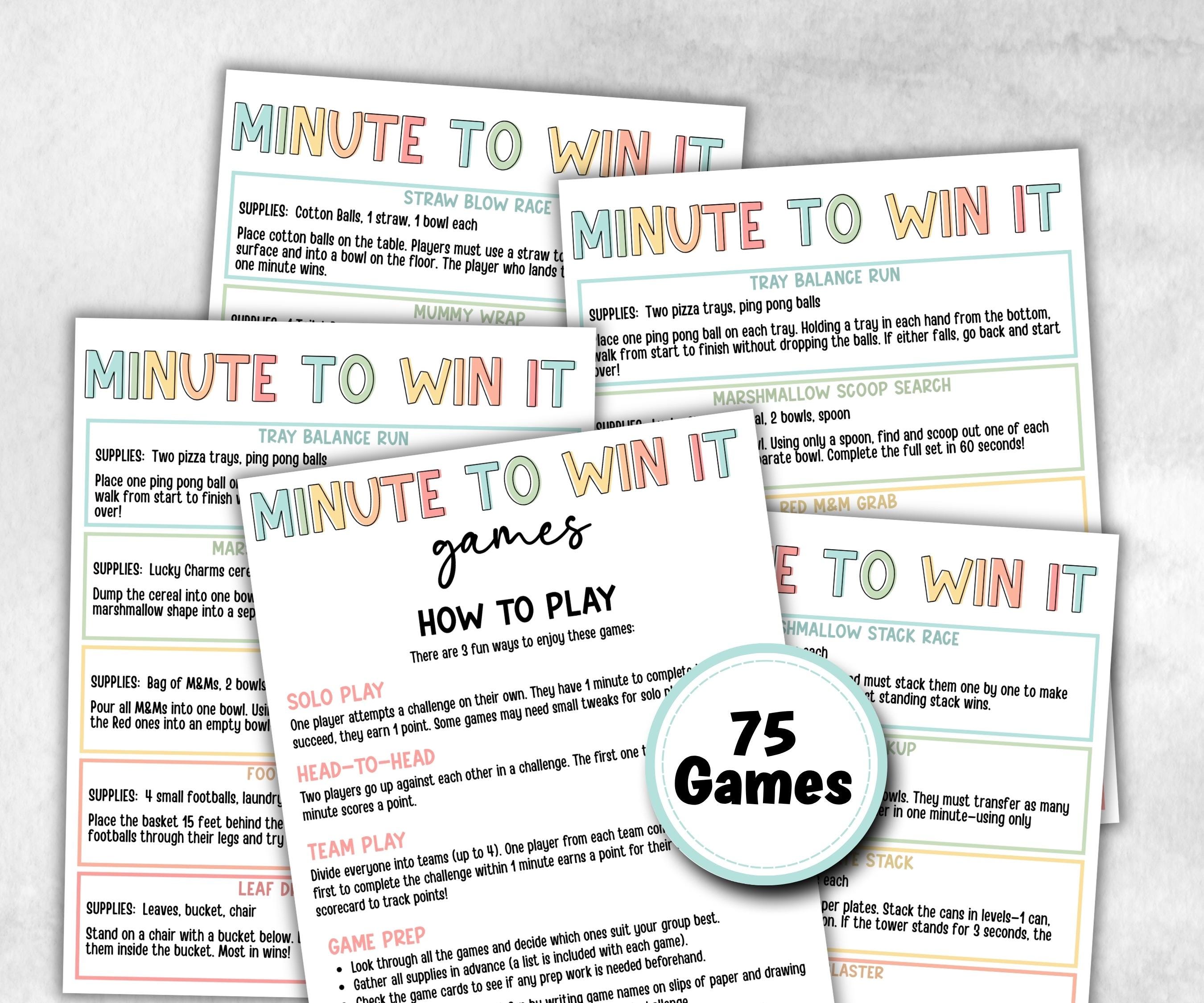 Minute To Win It, Family Game Night, One Minute Game, 60 Seconds game, Kids Adults Party, Family Reunion, Summer Party Games,Team Building- -TheHustlingCatLady-Party Games