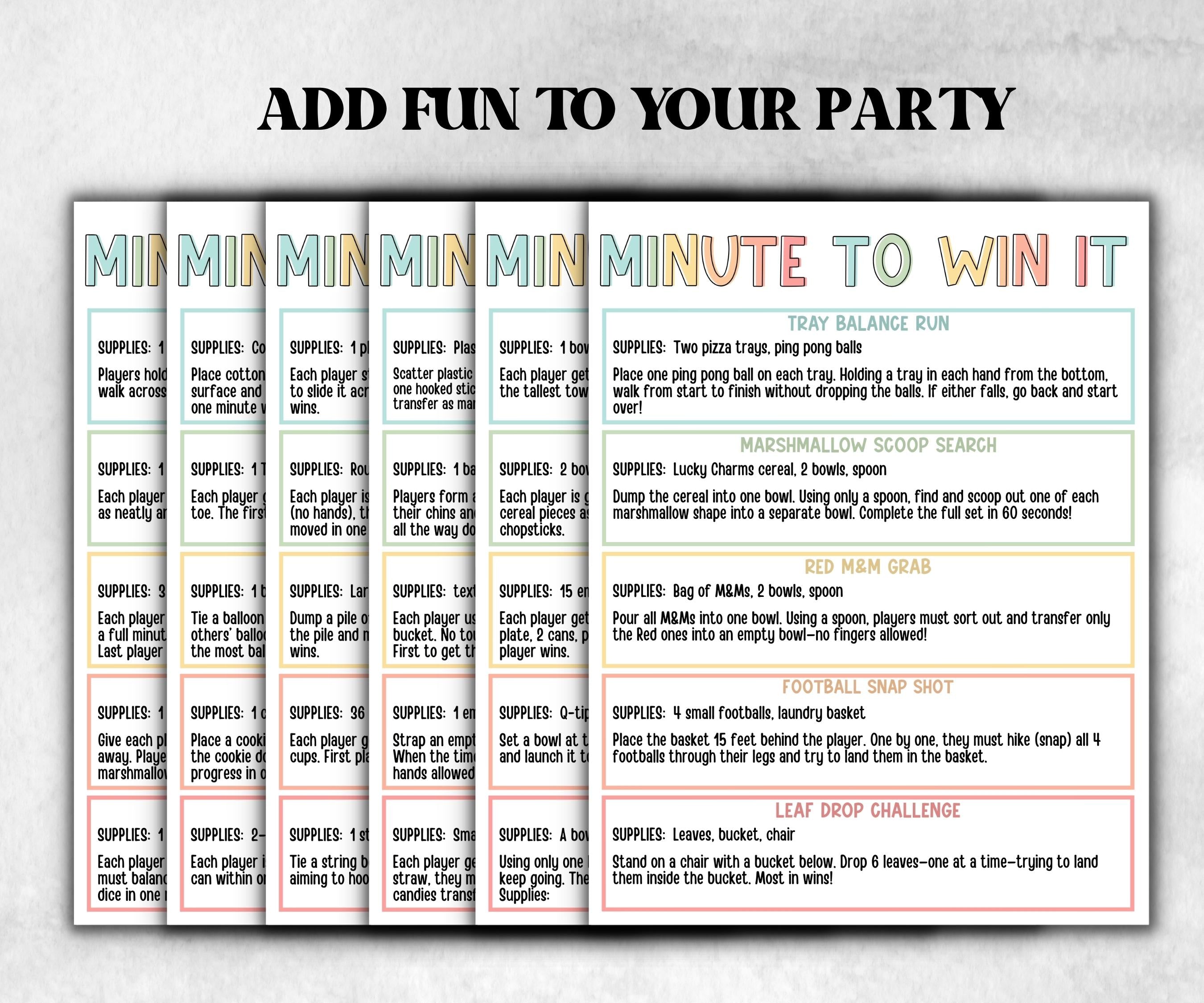 Minute To Win It, Family Game Night, One Minute Game, 60 Seconds game, Kids Adults Party, Family Reunion, Summer Party Games,Team Building- -TheHustlingCatLady-Party Games