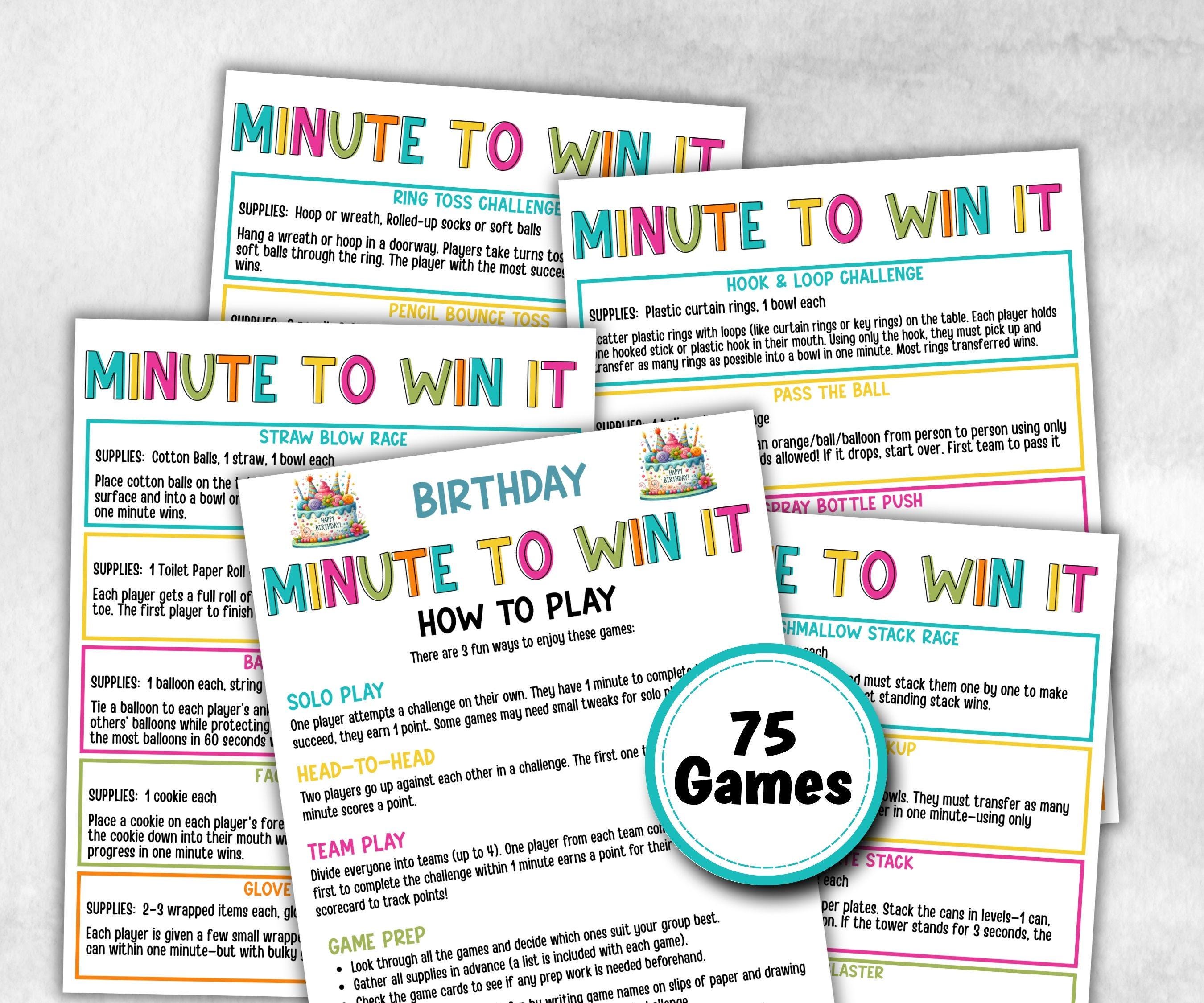 Birthday Minute To Win It, Family Game Night, One Minute Game, 60 Seconds game, Kids Adults Party, Family Reunion, Summer Bday Party Games,- -TheHustlingCatLady-Party Games