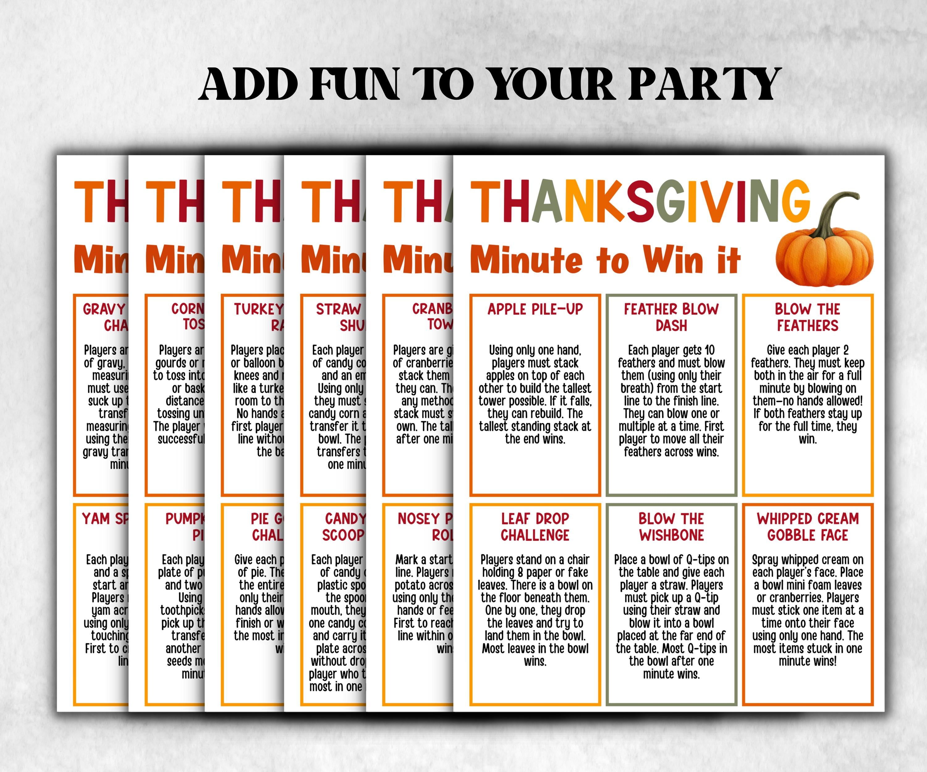 Thanksgiving Minute to Win It Activity, Printable Friendsgiving Competition, Give thanks office Party, Kid teen adult, Gratitude party idea-Thanksgiving -TheHustlingCatLady-Party Games