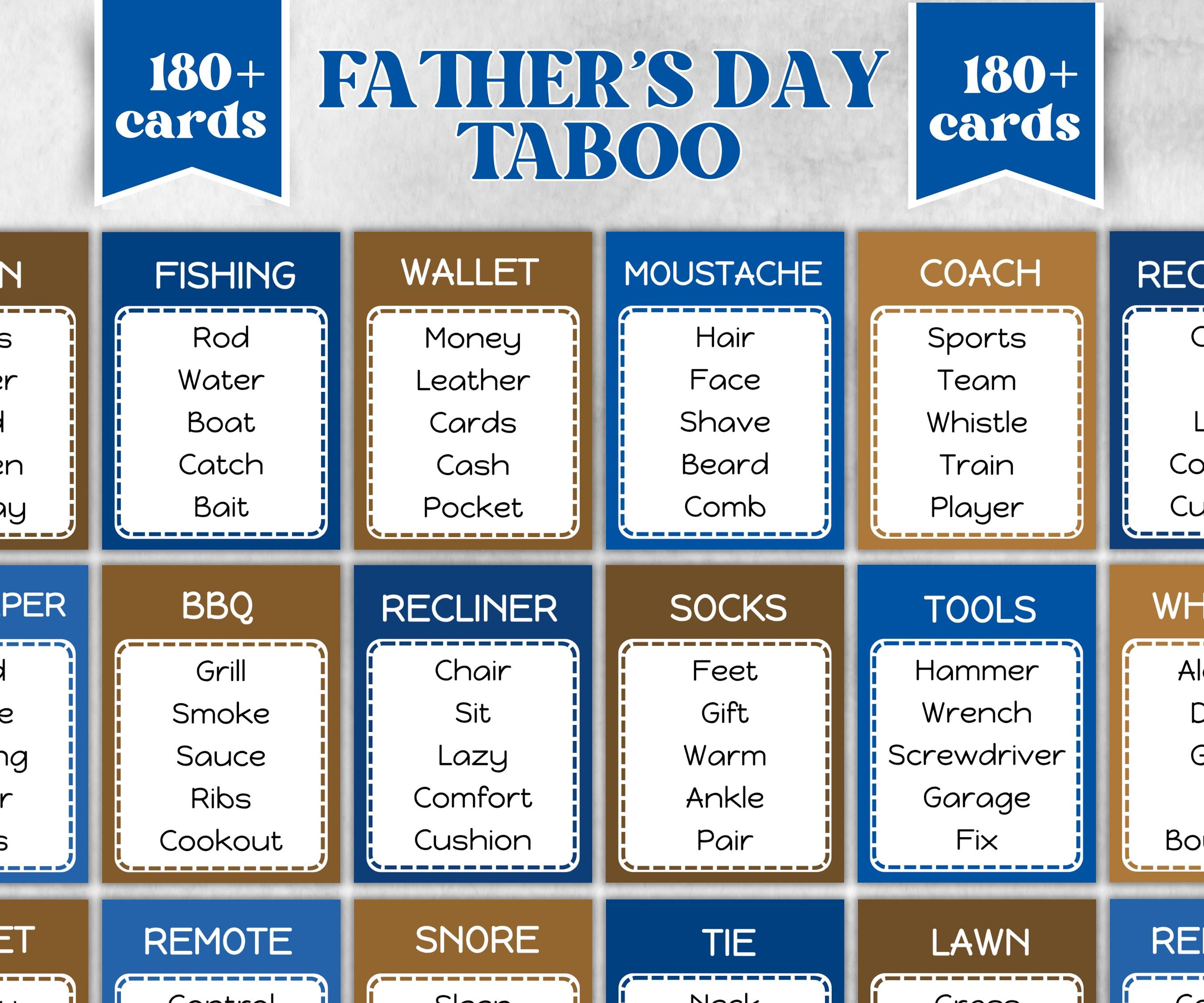 Fathers Day Taboo Activity, Funny Dad party Game, Fathers Day Gift Idea, Trivia Taboo For Dad, Family Game Night, Forbidden Word celebration-Mother's/Father'sDay -TheHustlingCatLady-Party Games