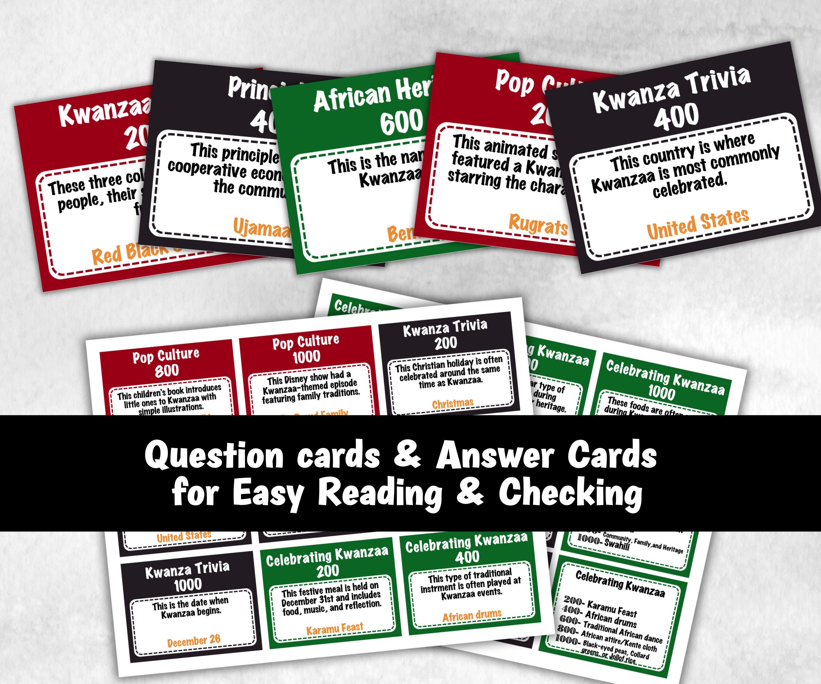 Kwanzaa Jeopardy fun Game, African Kid Adults Party, Group religious tradition, Family Feud Style, Black Culture Trivia Card, Kinara Culture-Holidays -TheHustlingCatLady-Party Games