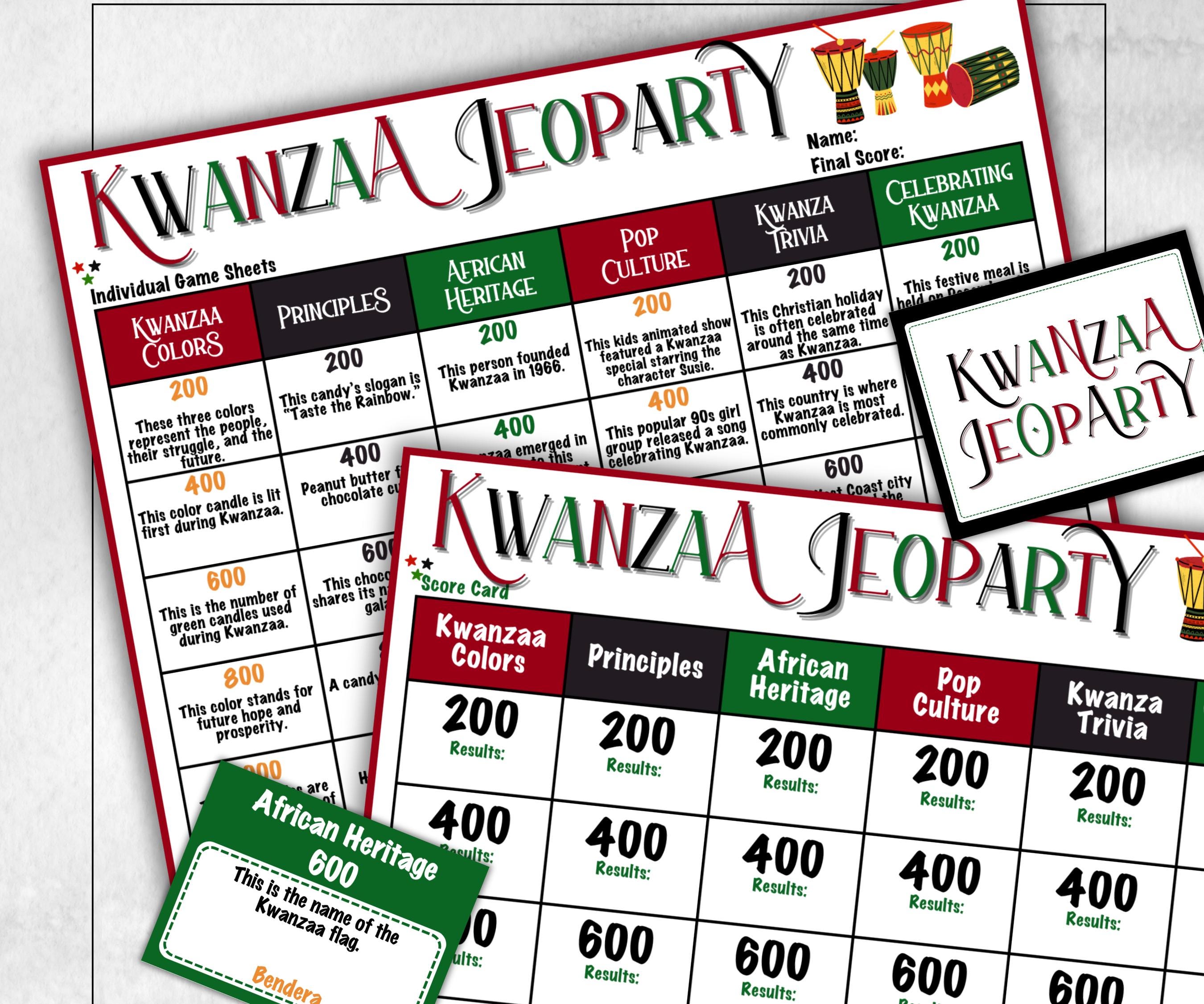 Kwanzaa Jeopardy fun Game, African Kid Adults Party, Group religious tradition, Family Feud Style, Black Culture Trivia Card, Kinara Culture-Holidays -TheHustlingCatLady-Party Games