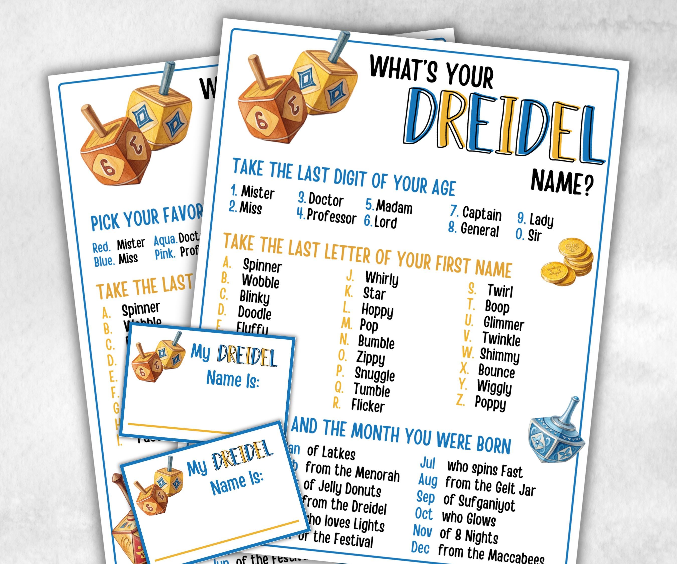 Whats your dreidel name, Chanukah creative printable, engaging Menorah game, party fun, personalized Hanukkah game, unique party activity-Sports Printables -TheHustlingCatLady-Party Games