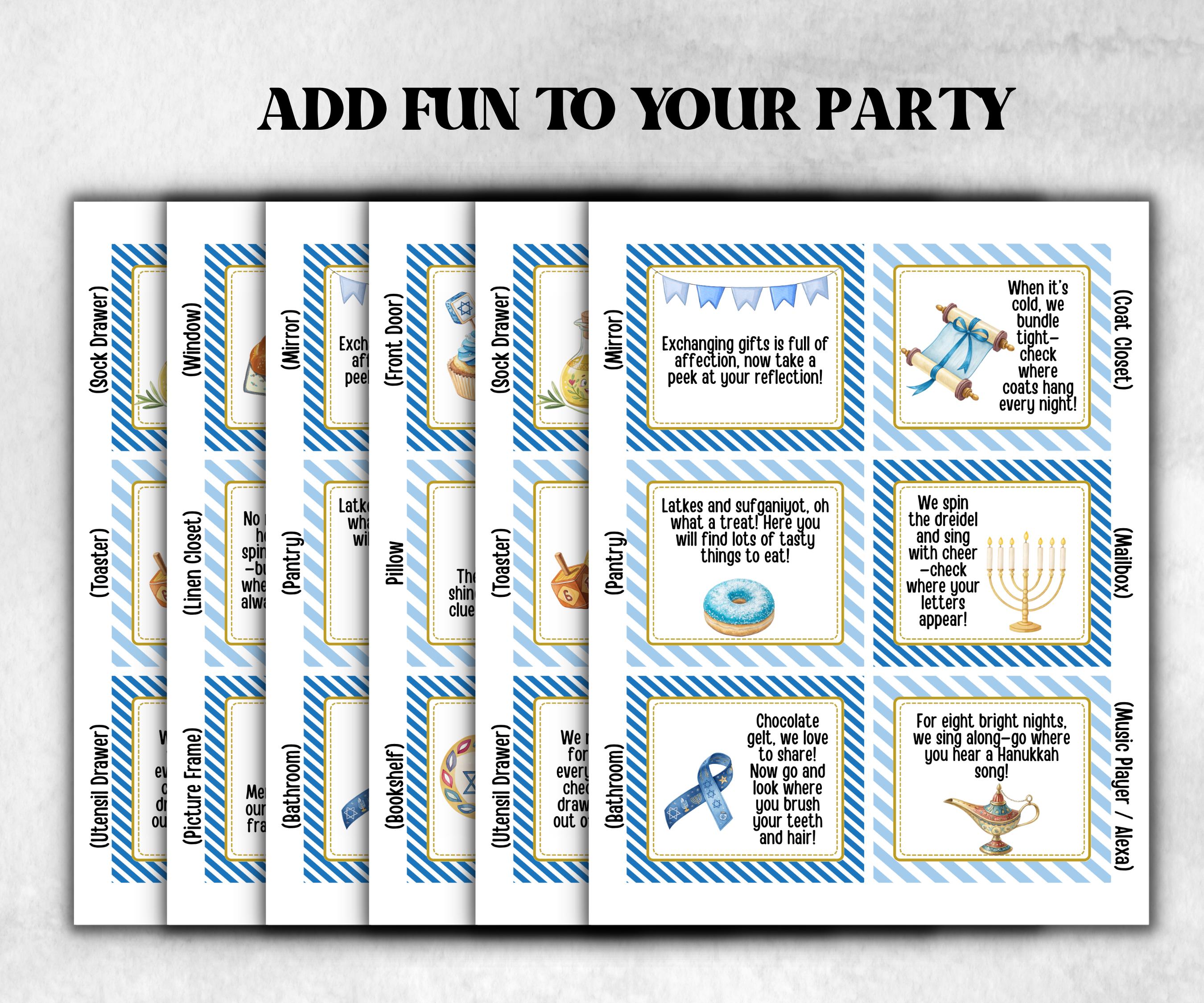 Kids Hanukkah Indoor Scavenger Hunt, Treasure Scavenger Rhyming Clues, Hanukkah Printable Activity, Jewish Holiday Game, Holiday Kids Game-Sports Printables -TheHustlingCatLady-Party Games