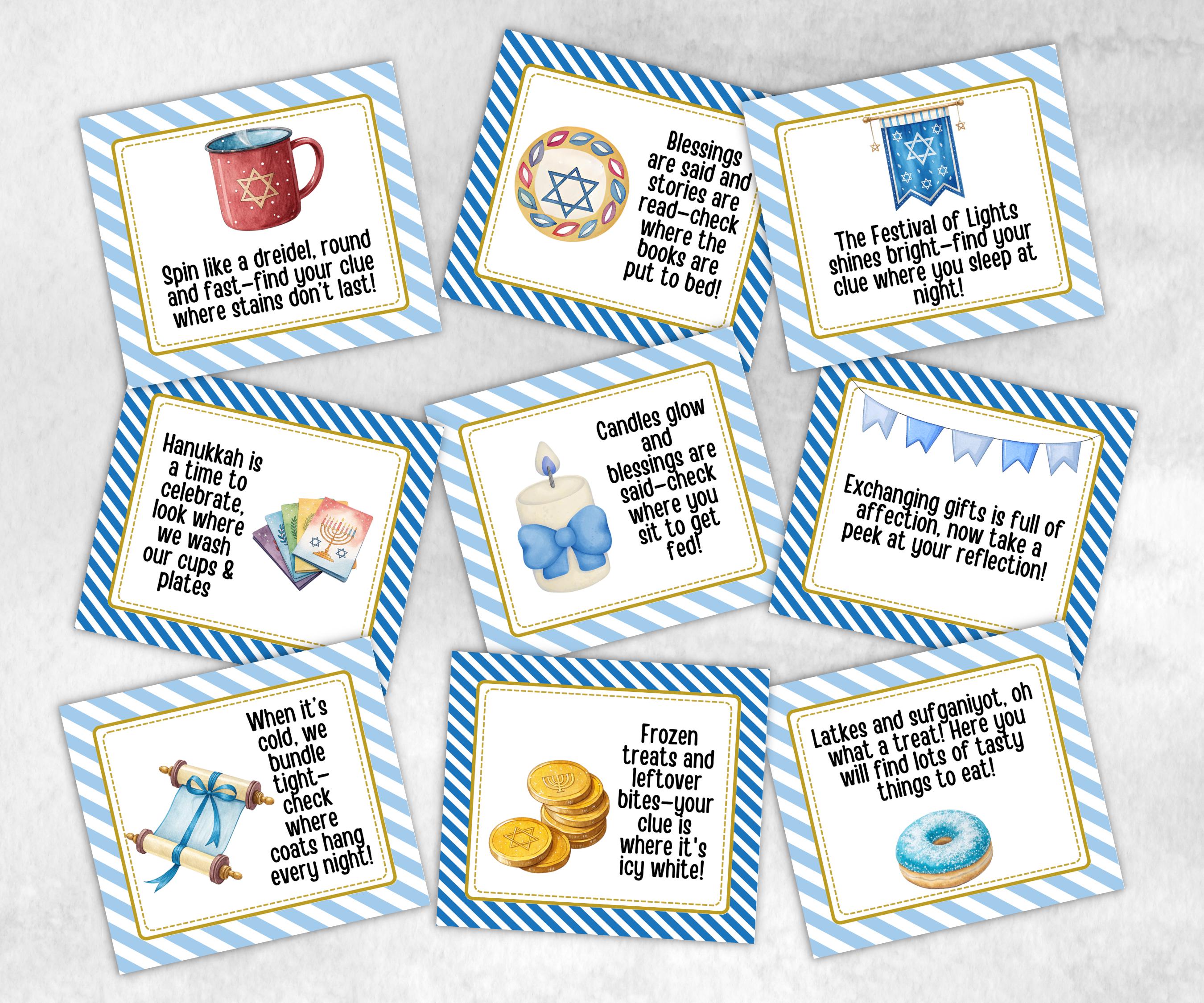 Kids Hanukkah Indoor Scavenger Hunt, Treasure Scavenger Rhyming Clues, Hanukkah Printable Activity, Jewish Holiday Game, Holiday Kids Game-Sports Printables -TheHustlingCatLady-Party Games