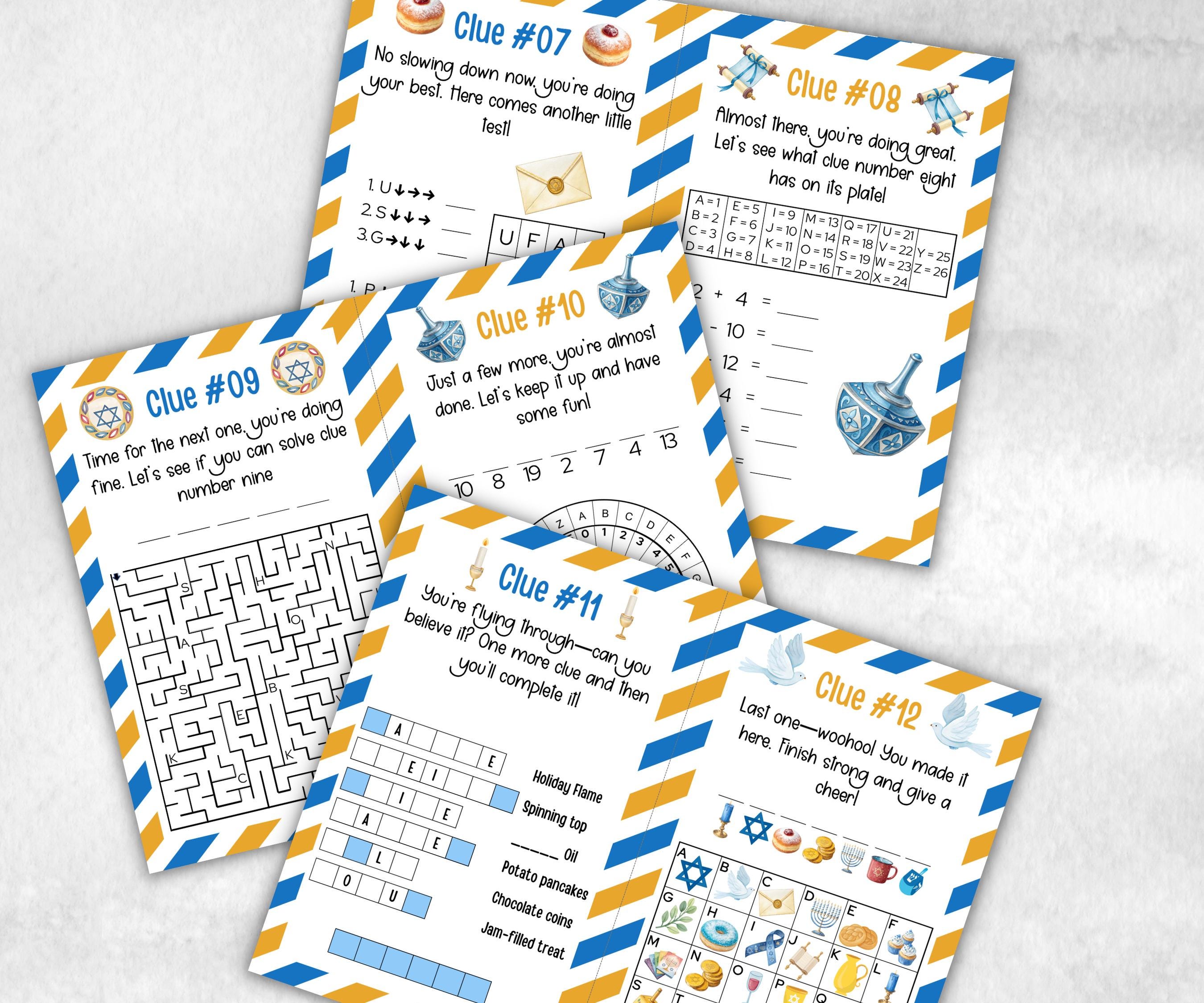 Kids Hanukkah Indoor Treasure Hunt, Treasure Scavenger Clues, Chanukah Printable Activity, Jewish Holiday Game, Holiday Kids Game fun ideas-Sports Printables -TheHustlingCatLady-Party Games