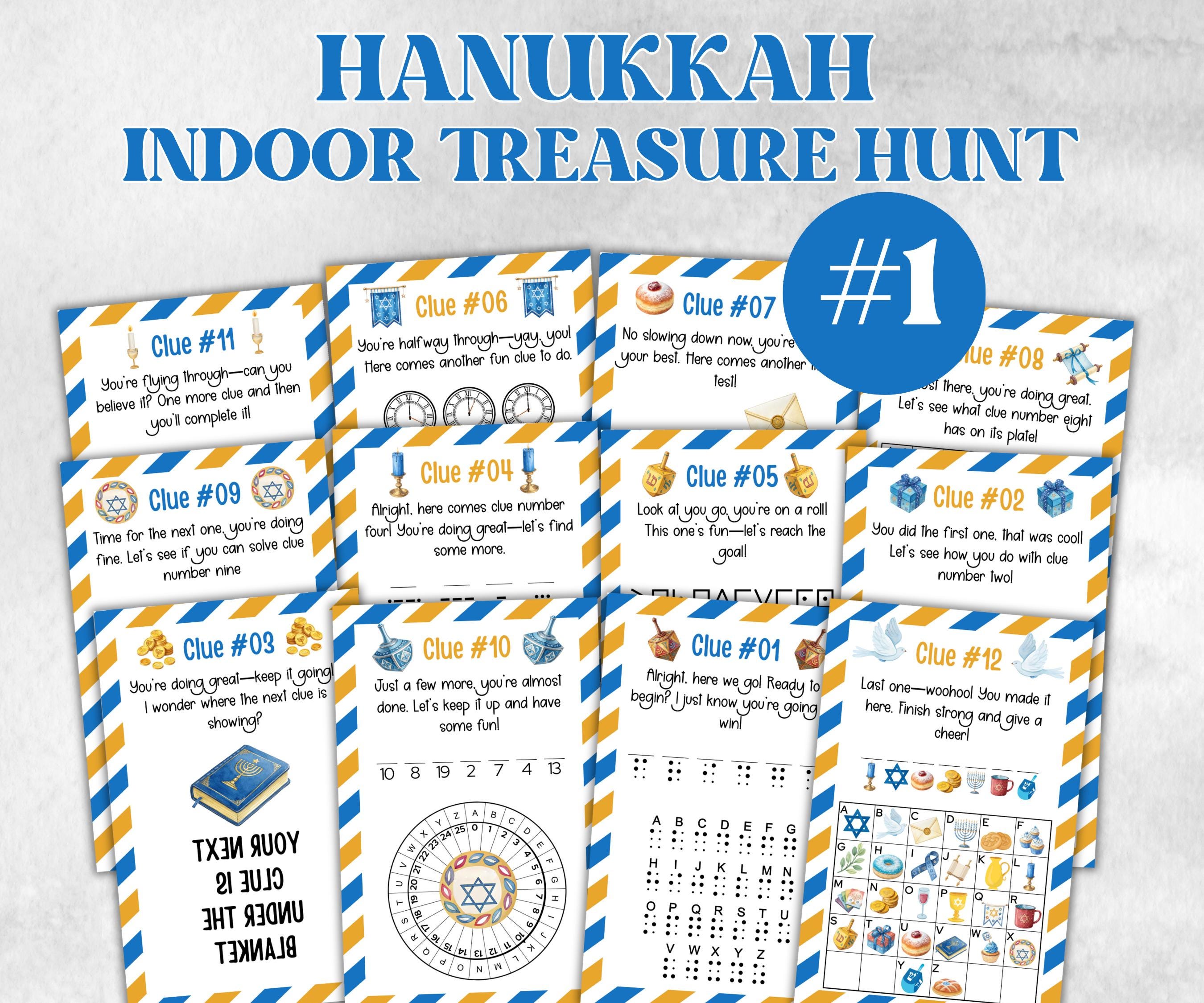 Kids Hanukkah Indoor Treasure Hunt, Treasure Scavenger Clues, Chanukah Printable Activity, Jewish Holiday Game, Holiday Kids Game fun ideas-Sports Printables -TheHustlingCatLady-Party Games