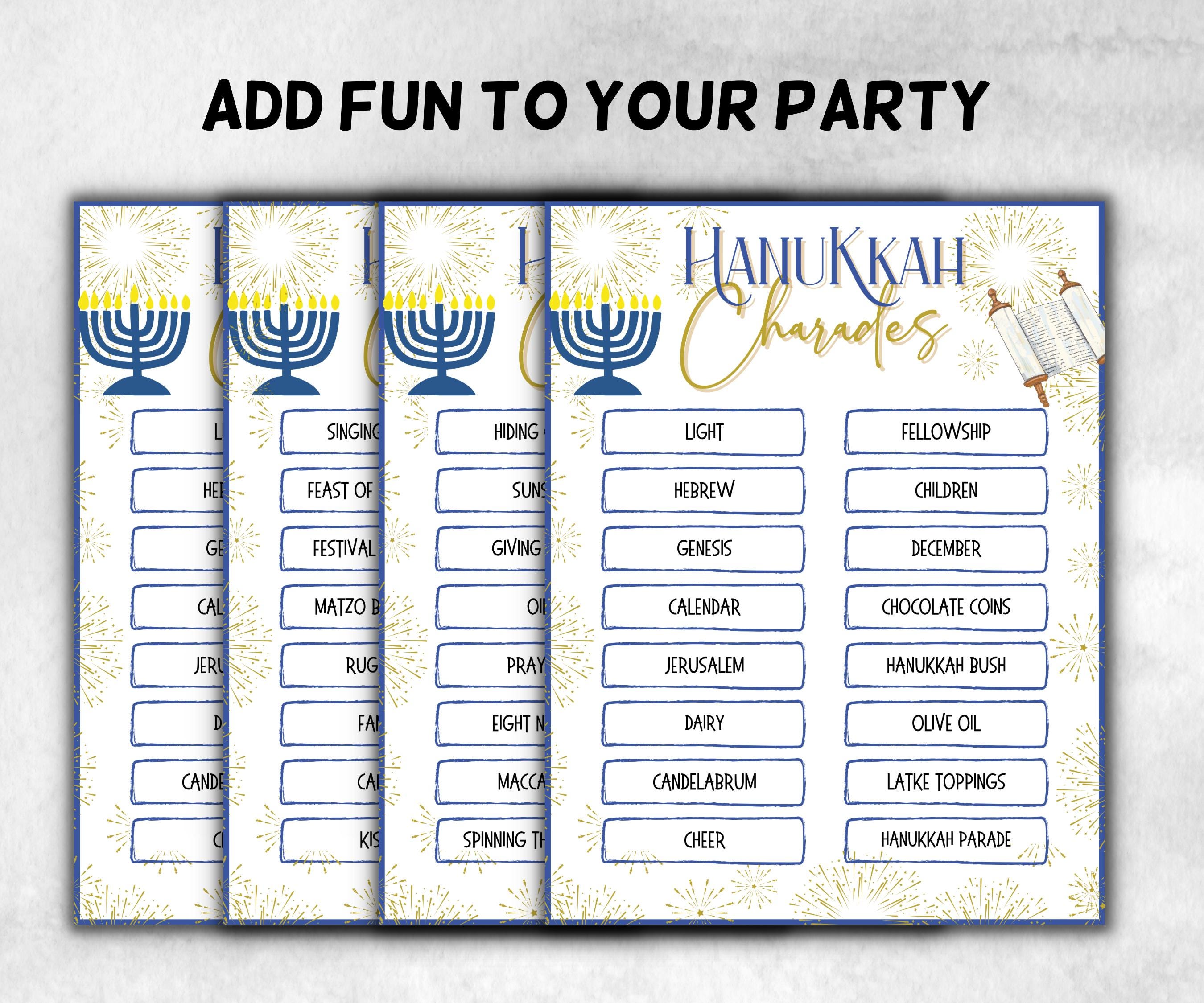 Hanukkah printable Charades, Hanukkah Activity, Acting Game, Jewish Games Night, Classroom Group Game, Jewish Family Chanukah fishbowl game-Sports Printables -TheHustlingCatLady-Party Games