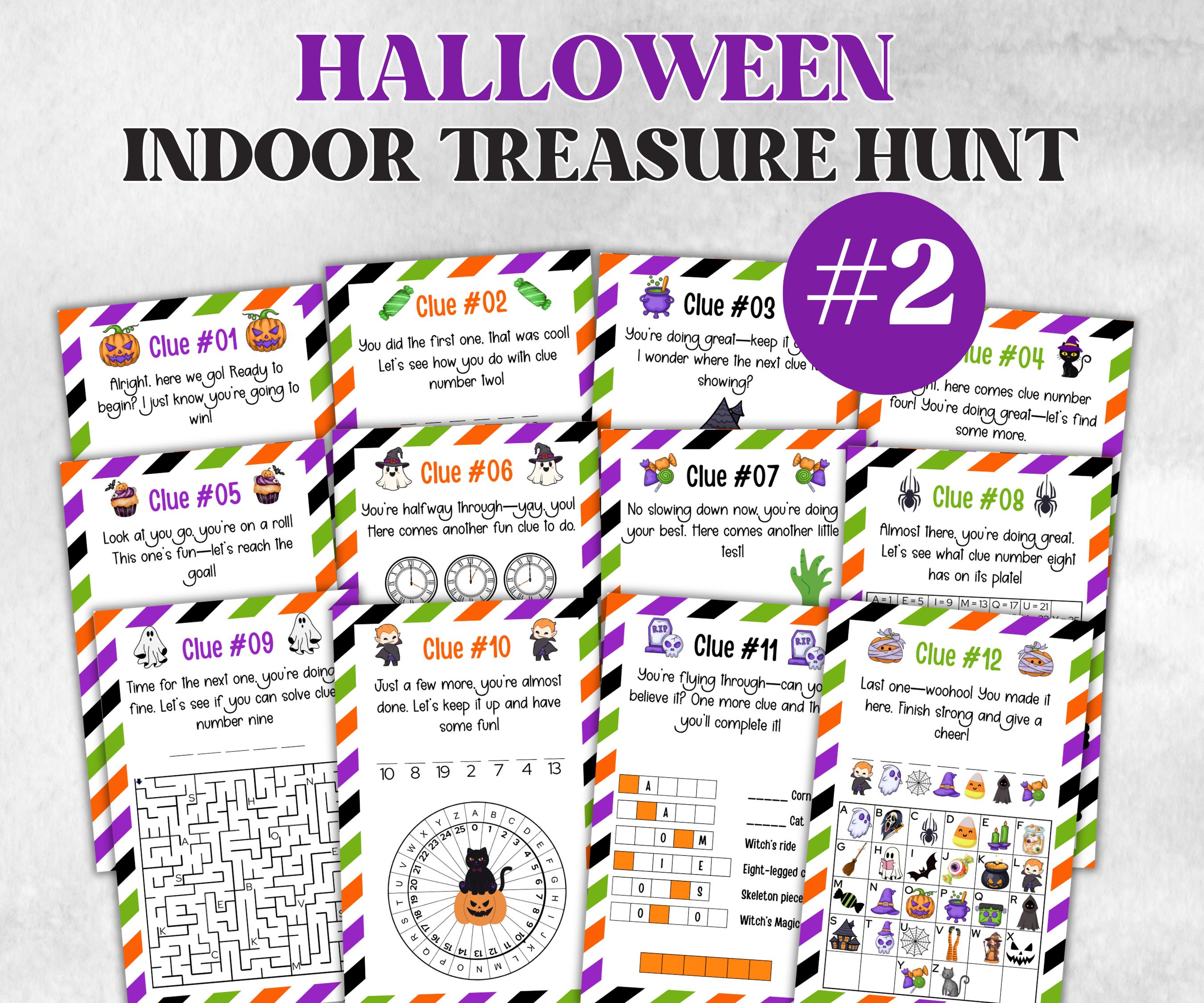 Halloween Indoor Scavenger Hunt, Treasure Hunt Party Game, Halloween Printable Party Activity, Kids Treasure Hunt Clues, Scavenger Hunt Clue-Halloween Printables -TheHustlingCatLady-Party Games