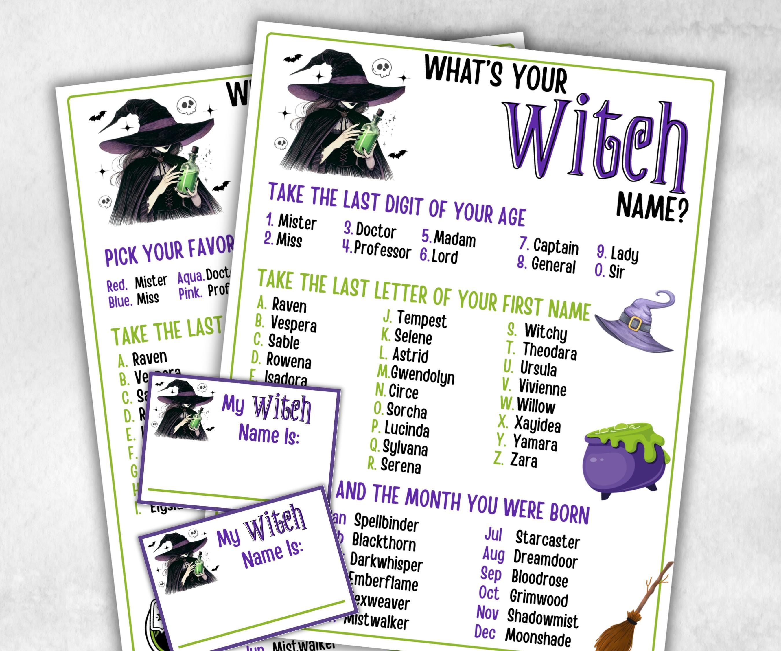 Whats Your Witch Name Game, Kids Halloween Wicked theme party, Witch Name Game Birthday Party, Witch Party Game, Magic Potion, Witch Night-Halloween Printables -TheHustlingCatLady-Party Games