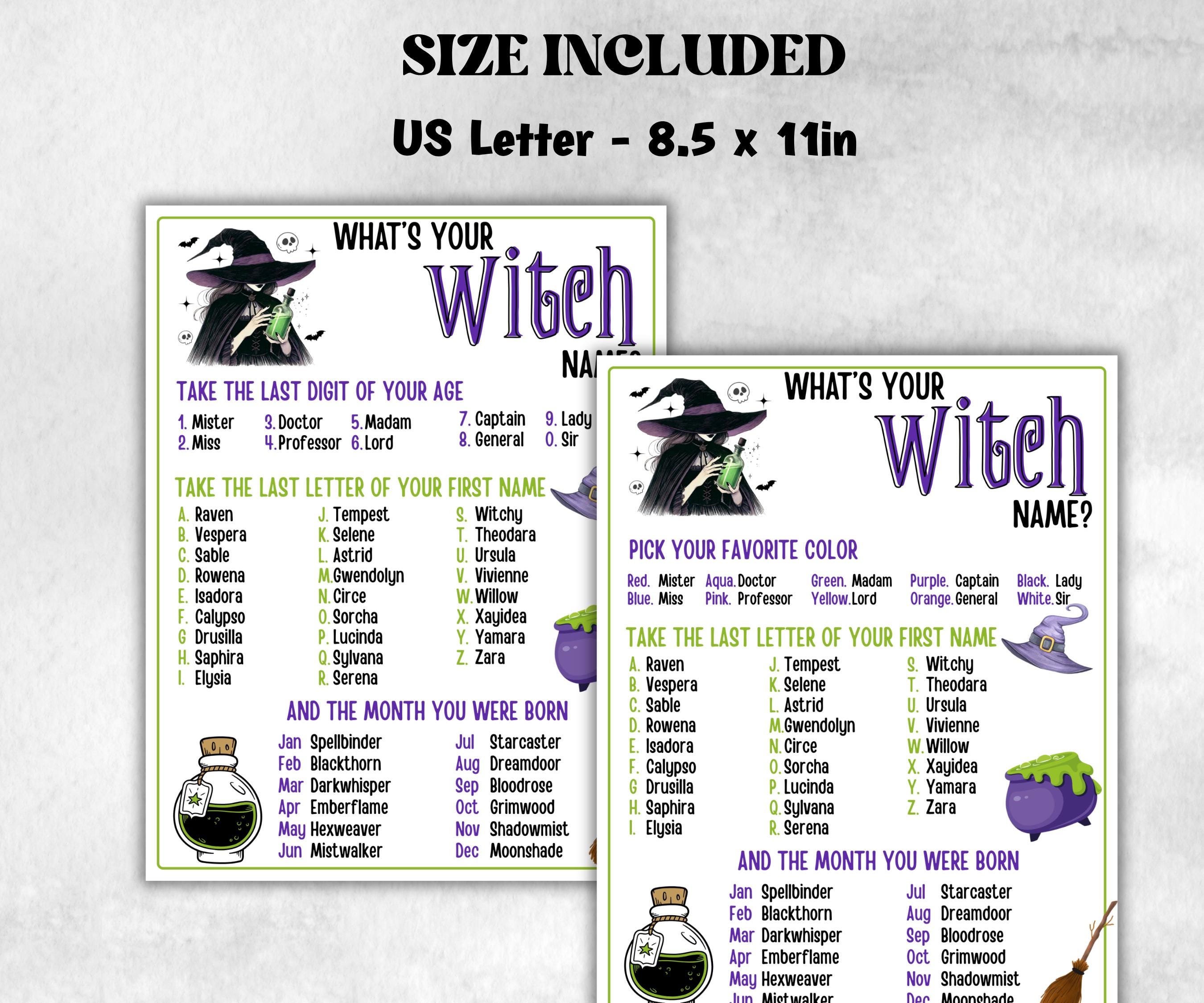 Whats Your Witch Name Game, Kids Halloween Wicked theme party, Witch Name Game Birthday Party, Witch Party Game, Magic Potion, Witch Night-Halloween Printables -TheHustlingCatLady-Party Games
