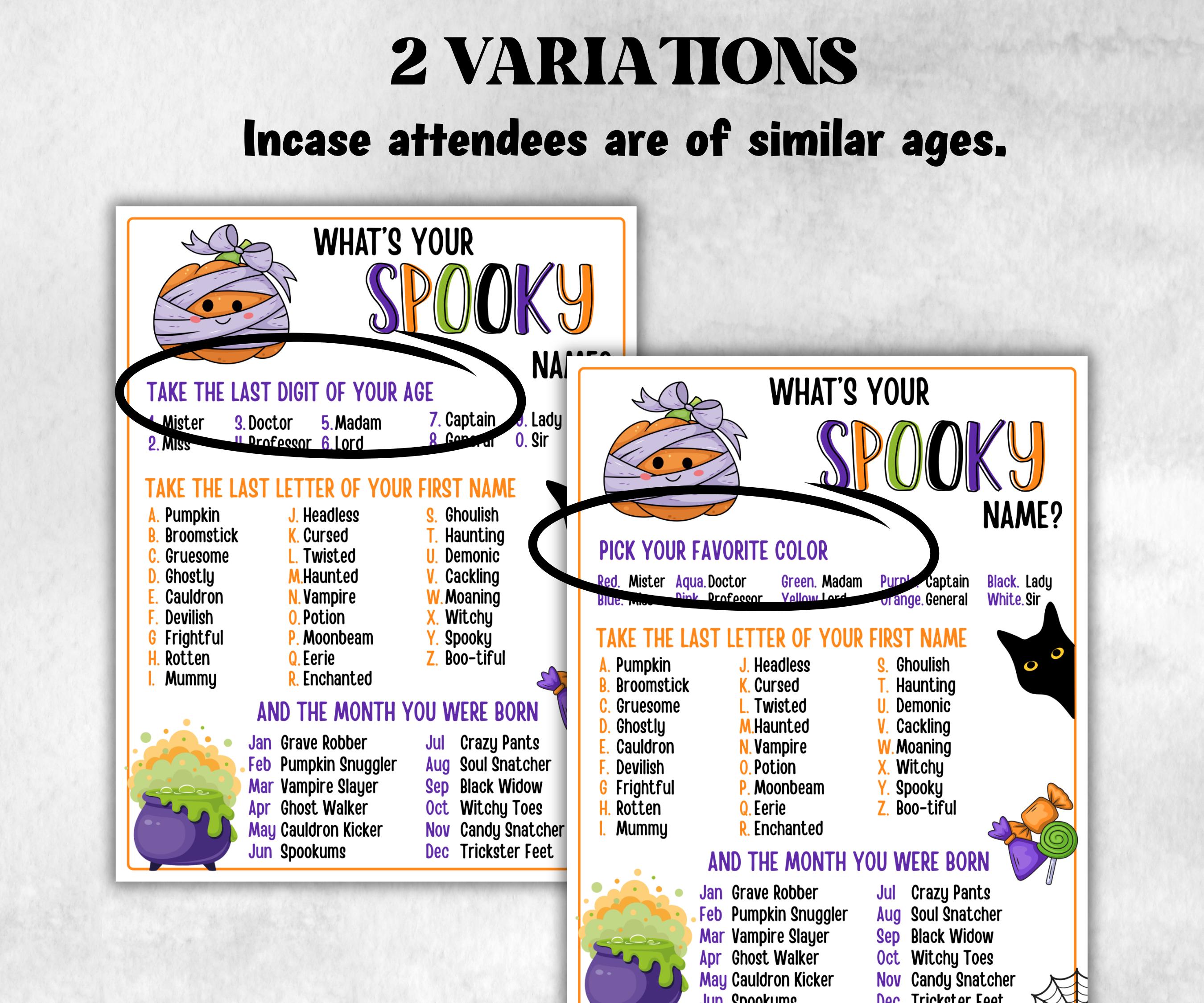 Whats Your Spooky Name Game, Kids Halloween Spooky theme party, Spooky Name Game Birthday Party, Spooky Party Game, Halloween name Game card-Halloween Printables -TheHustlingCatLady-Party Games