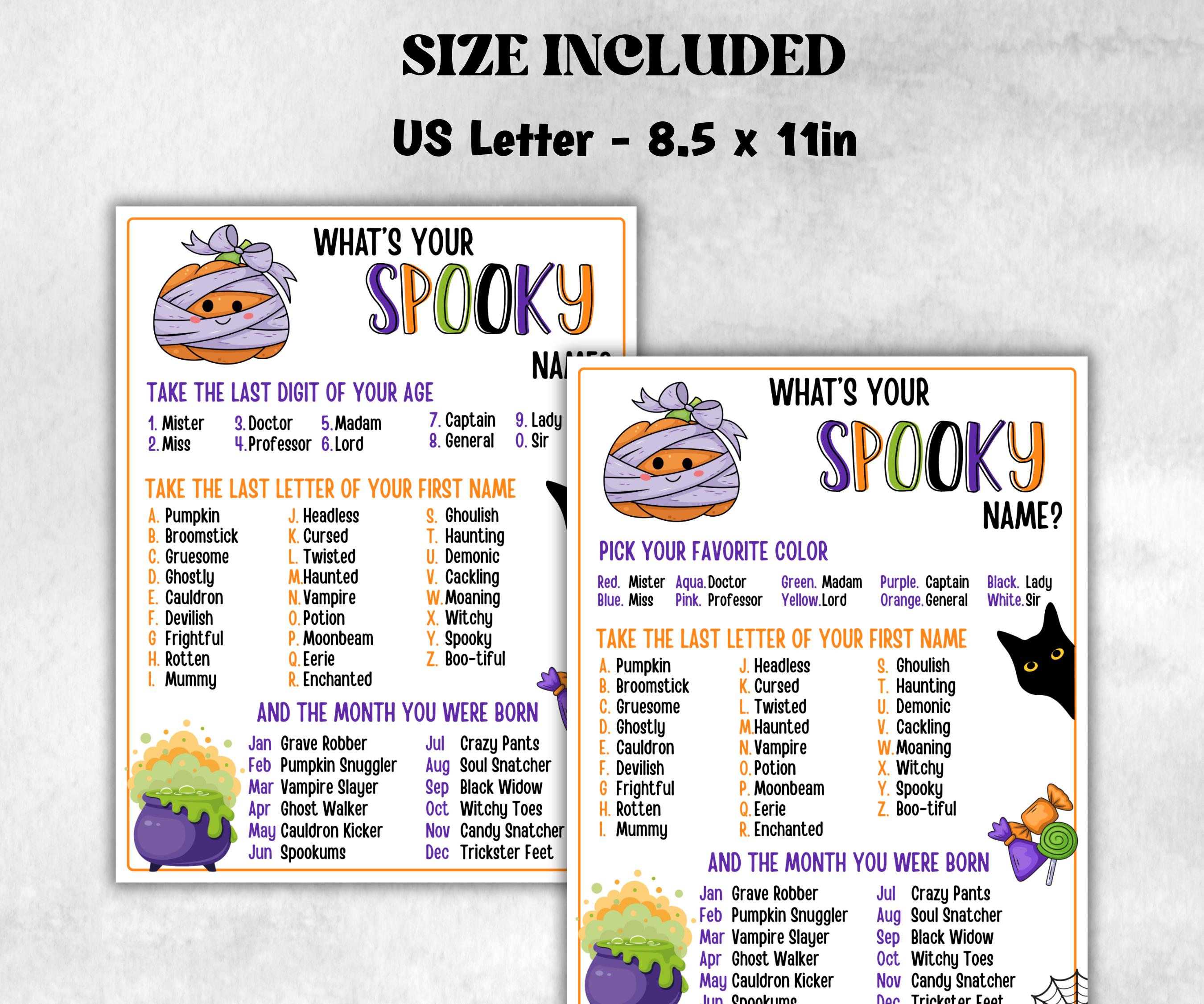 Whats Your Spooky Name Game, Kids Halloween Spooky theme party, Spooky Name Game Birthday Party, Spooky Party Game, Halloween name Game card-Halloween Printables -TheHustlingCatLady-Party Games