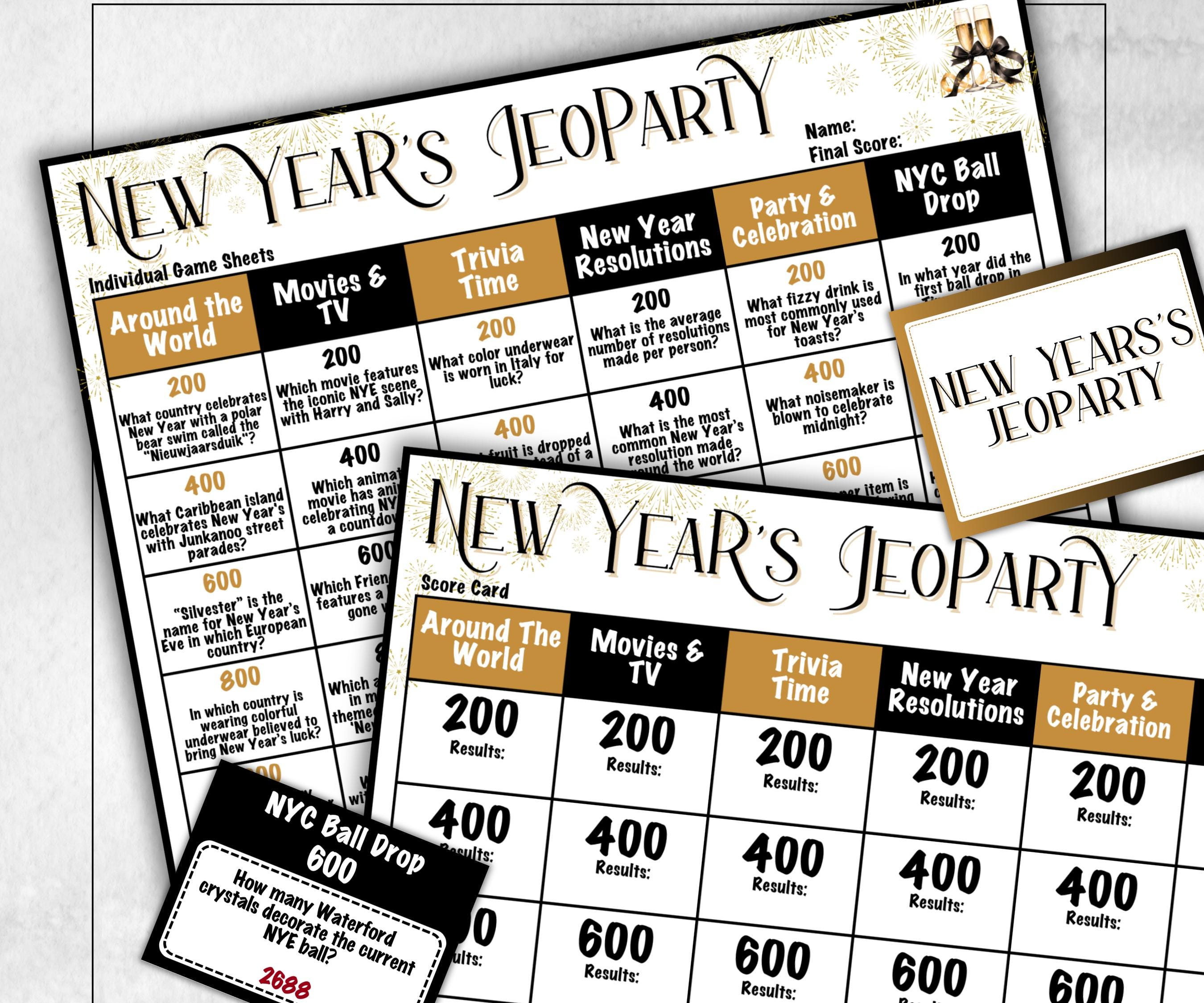 New Years Jeopardy, Trivia Party, Printable Adult & Teen Activity, New Years Quiz, Group Game Show, Winter Party activity, Zoom Family Feud-New Year's -TheHustlingCatLady-Party Games